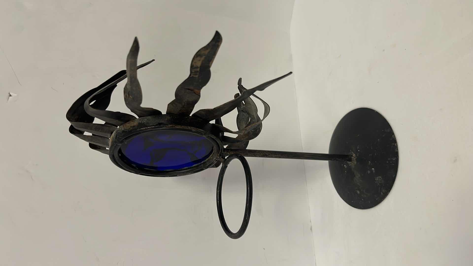 Photo 1 of CELESTIAL COBALT BLUE GLASS SUN FACE METAL CANDLE HOLDER 12.5” & TEALIGHT WAX WARMER