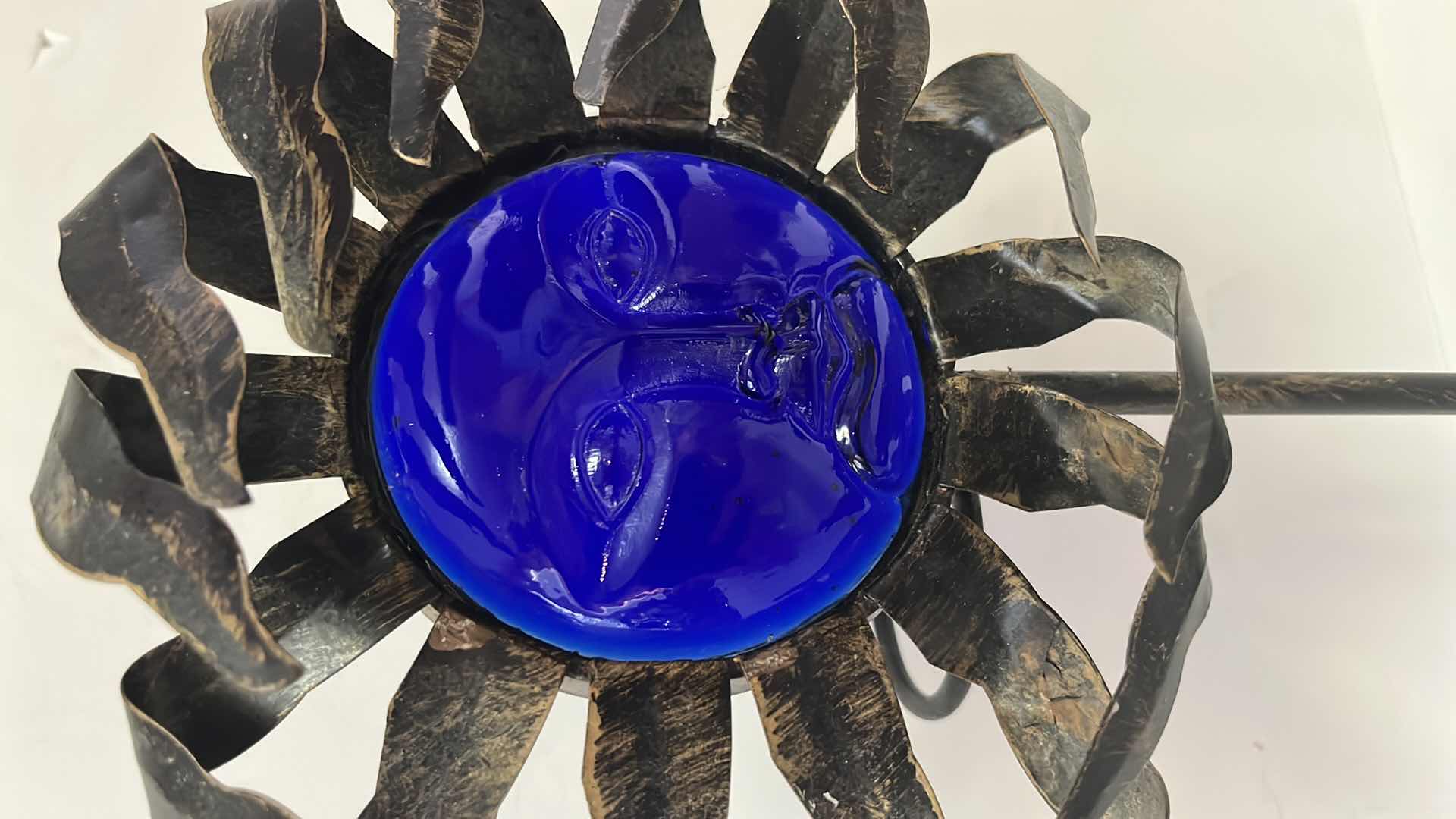 Photo 1 of CELESTIAL COBALT BLUE GLASS SUN FACE METAL CANDLE HOLDER 12.5” & TEALIGHT WAX WARMER