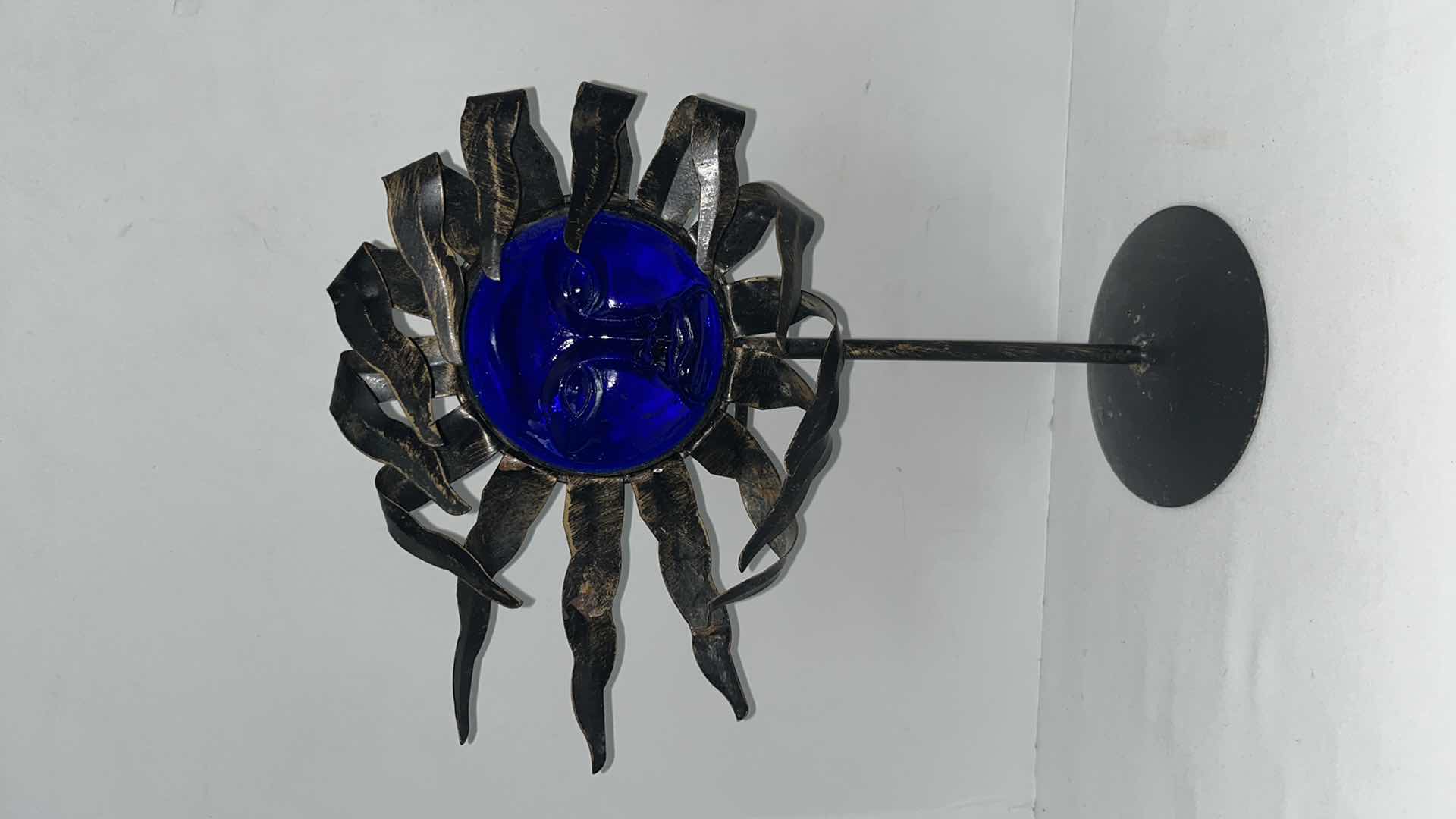 Photo 1 of CELESTIAL COBALT BLUE GLASS SUN FACE METAL CANDLE HOLDER 12.5” & TEALIGHT WAX WARMER
