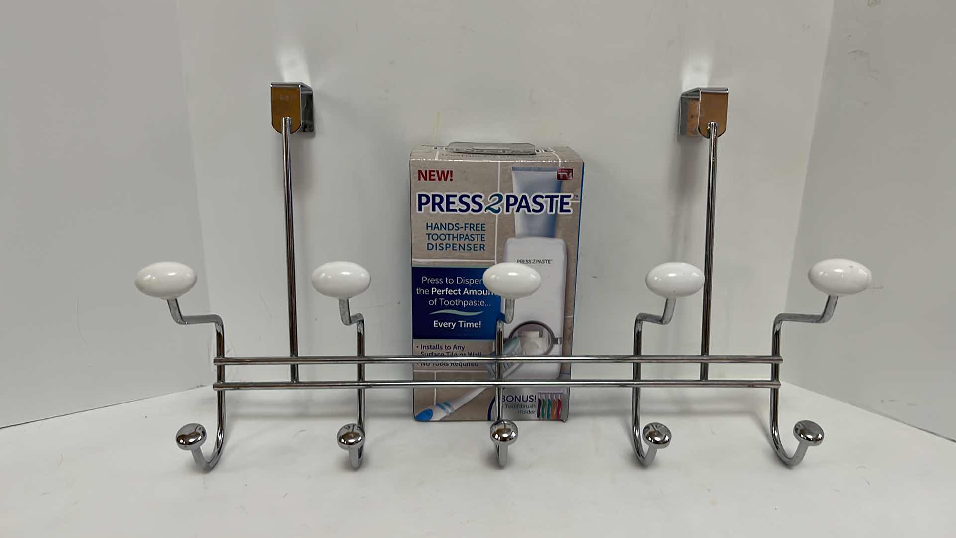 Photo 1 of NEW PRESS 2 PASTE HANDS FREE TOOTHPASTE DISPENSER & 5-HOOK OVER THE DOOR TOWEL HANGER