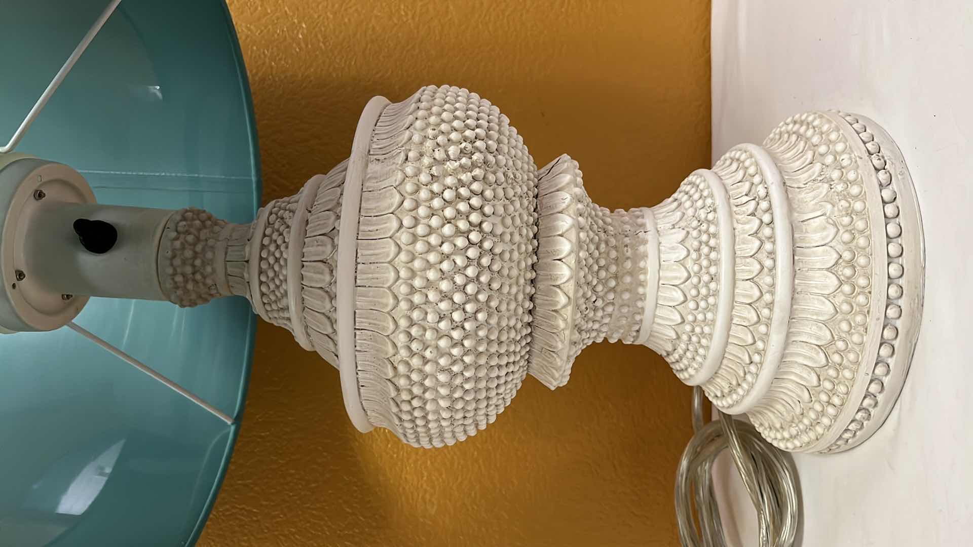 Photo 1 of KOKOPO OUTDOOR ANTIQUE STYLE TABLE LAMP DIMOND LIGHTING BY ELK, ANTIQUE WHITE STAND W SEA GREEN SHADE  26.25” MODEL D3095S