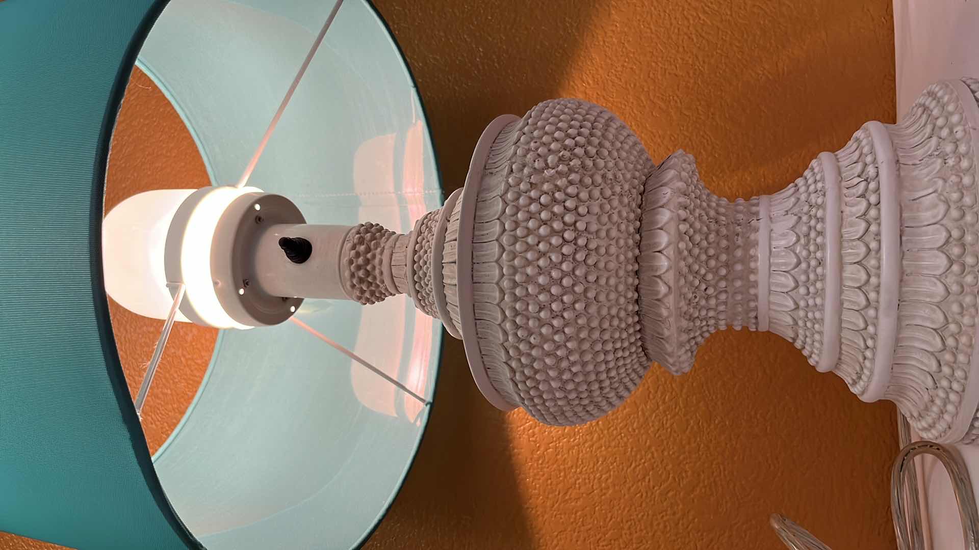 Photo 1 of KOKOPO OUTDOOR ANTIQUE STYLE TABLE LAMP DIMOND LIGHTING BY ELK, ANTIQUE WHITE STAND W SEA GREEN SHADE  26.25” MODEL D3095S