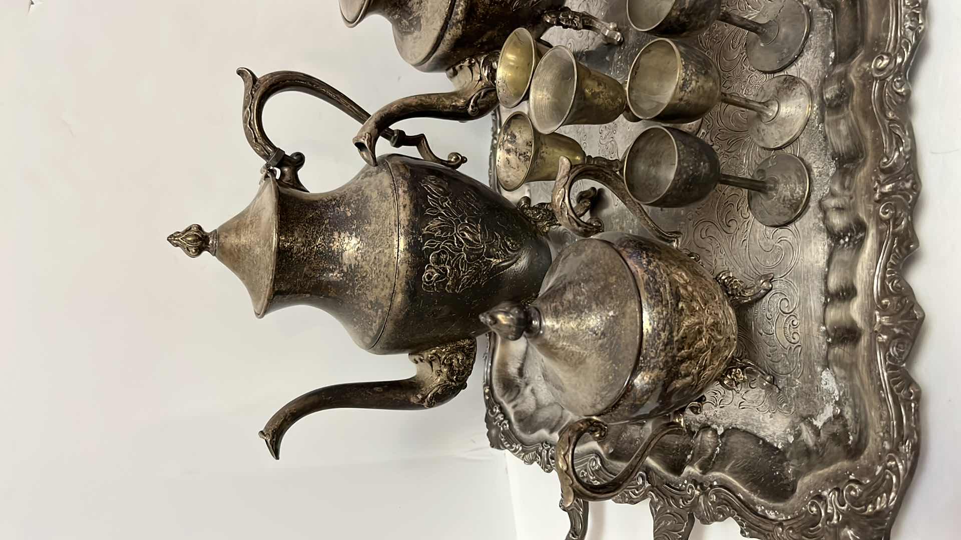Photo 1 of VINTAGE SILVER PLATED KETTLES, TRAY & MINI WINE GOBLETS