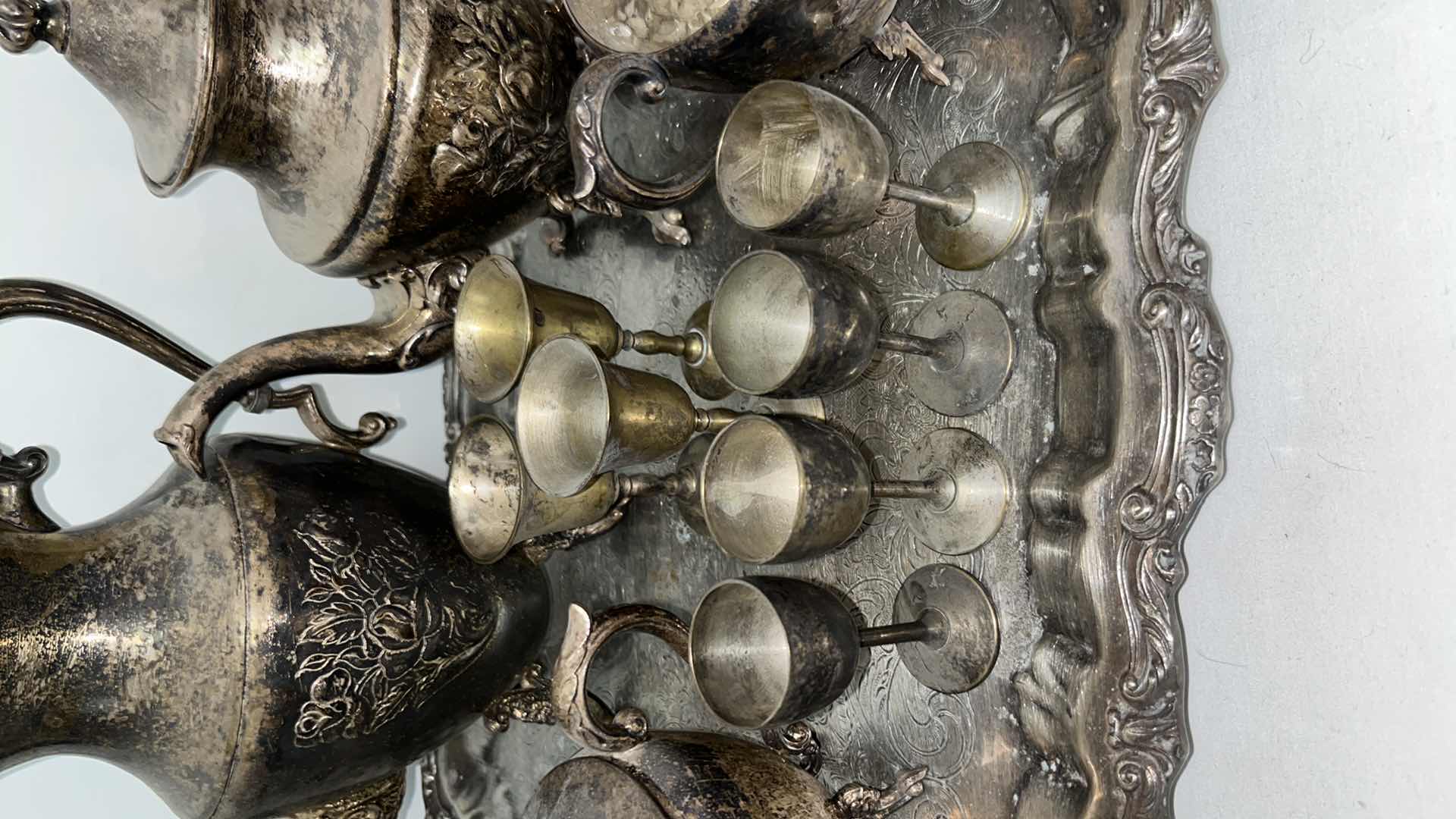 Photo 1 of VINTAGE SILVER PLATED KETTLES, TRAY & MINI WINE GOBLETS