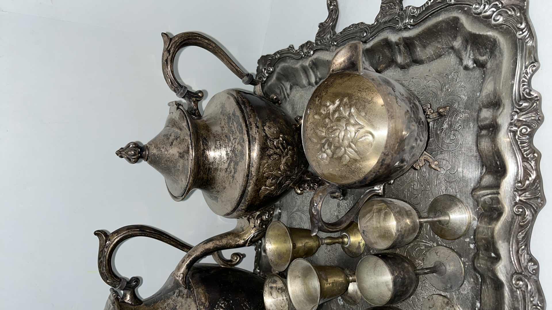 Photo 1 of VINTAGE SILVER PLATED KETTLES, TRAY & MINI WINE GOBLETS