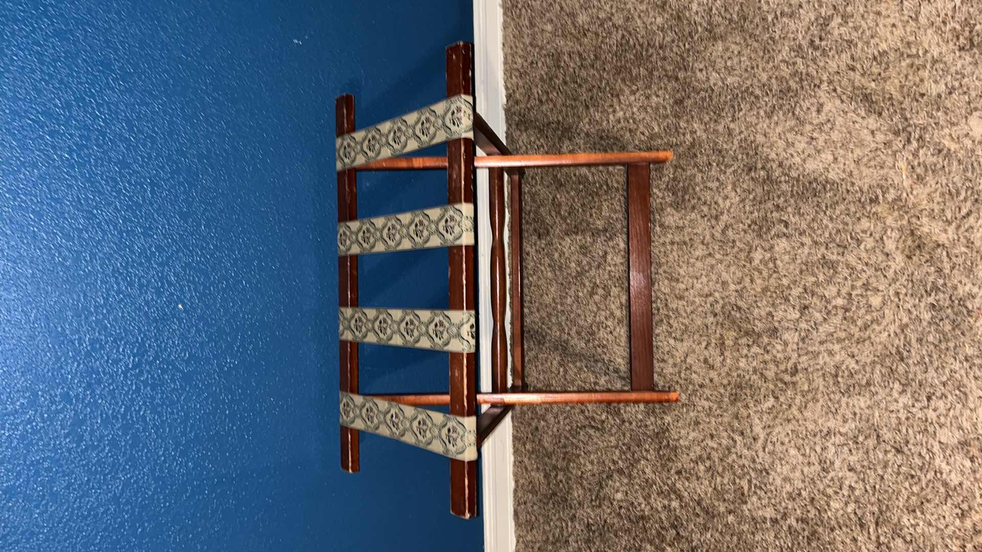 Photo 1 of VINTAGE SCHEIBE FOLDABLE WOODEN LUGGAGE RACK W FLORAL STRAPS 15” X 26.5” H18”