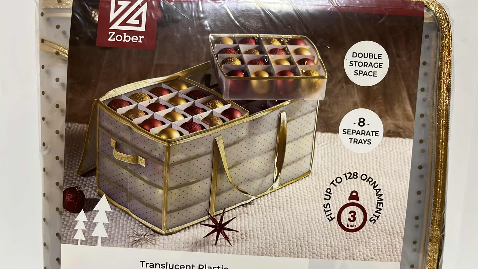 Photo 1 of NEW ZOBER GOLD TRIMMED TRANSLUCENT PLASTIC ORNAMENT STORAGE BOX 26.4” X 13.3” H13.5”