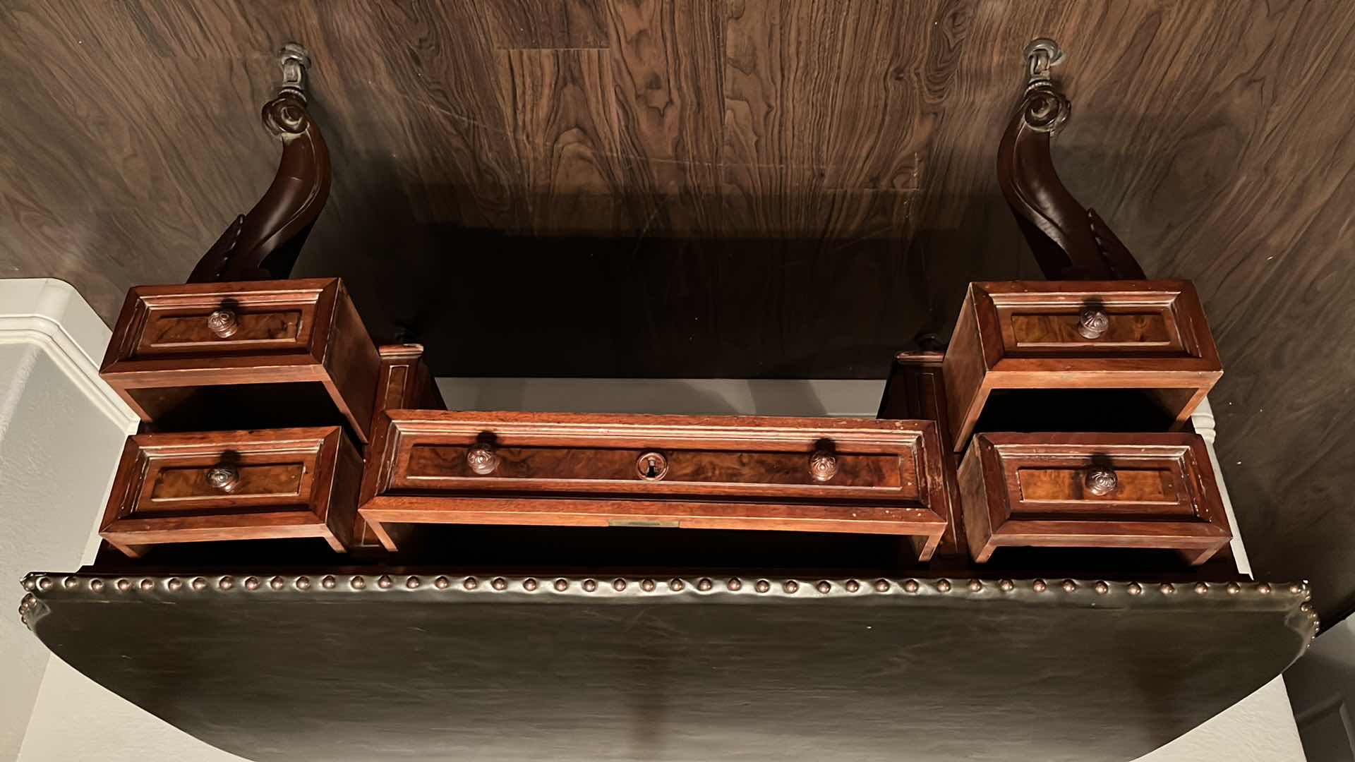 Photo 1 of 19TH CENTURY STYLE  PARTNERS WRITING DESK W 10 DRAWERS & BROWN LEATHER STYLE TOP W BRONZE UPHOLSTERY TACKS 32” W X 52” L 30.75”