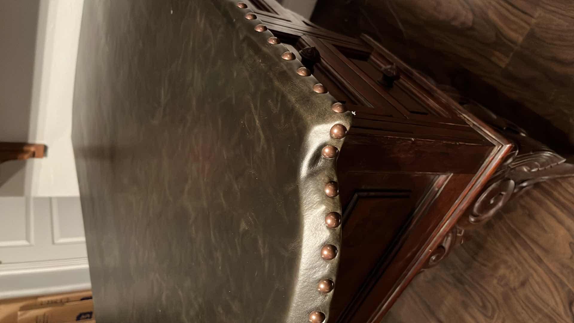 Photo 1 of 19TH CENTURY STYLE  PARTNERS WRITING DESK W 10 DRAWERS & BROWN LEATHER STYLE TOP W BRONZE UPHOLSTERY TACKS 32” W X 52” L 30.75”