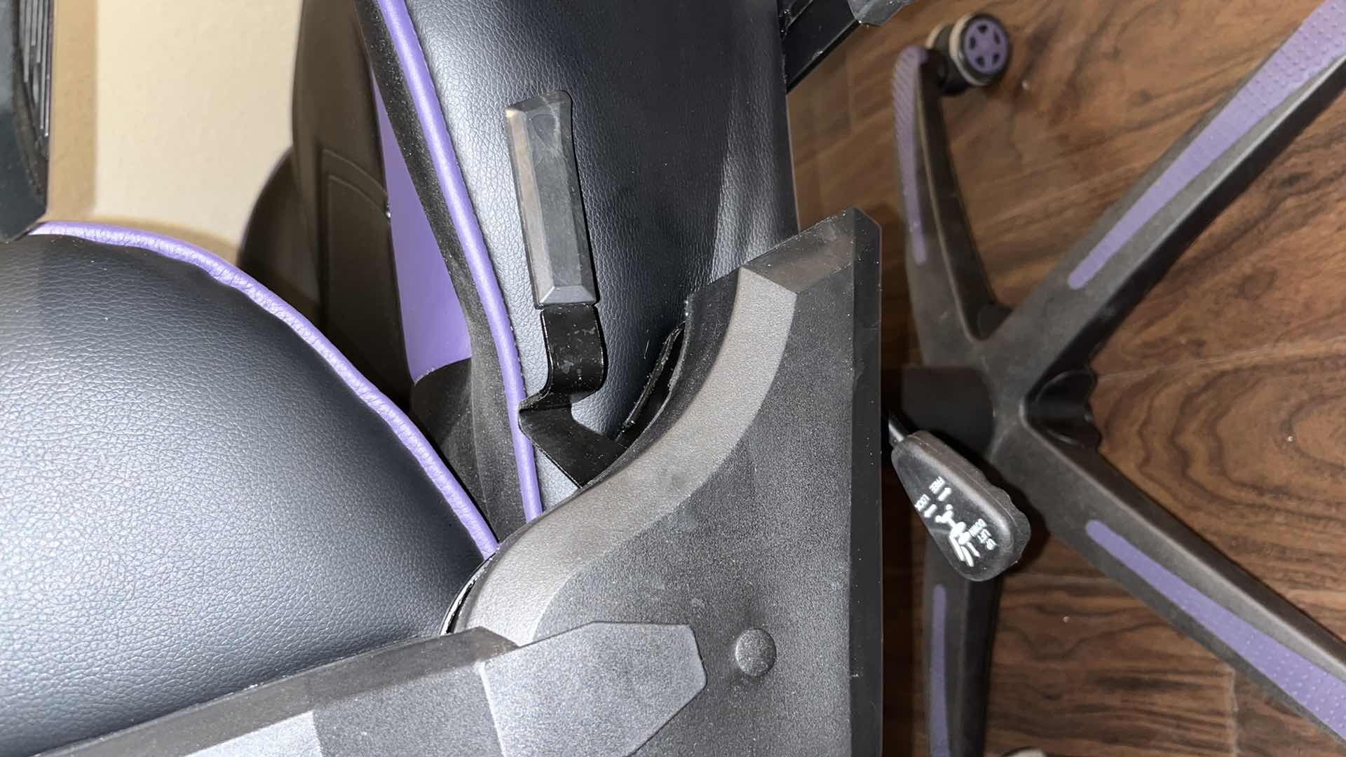 Photo 1 of STAPLES EMERGE VARTAN BONDED LEATHER GAMING CHAIR W ADJUSTABLE HEIGHT, ARMS, TILT TENSION & TILT LOCK, BLACK/GRAY/PURPLE 29" X 27" H50"