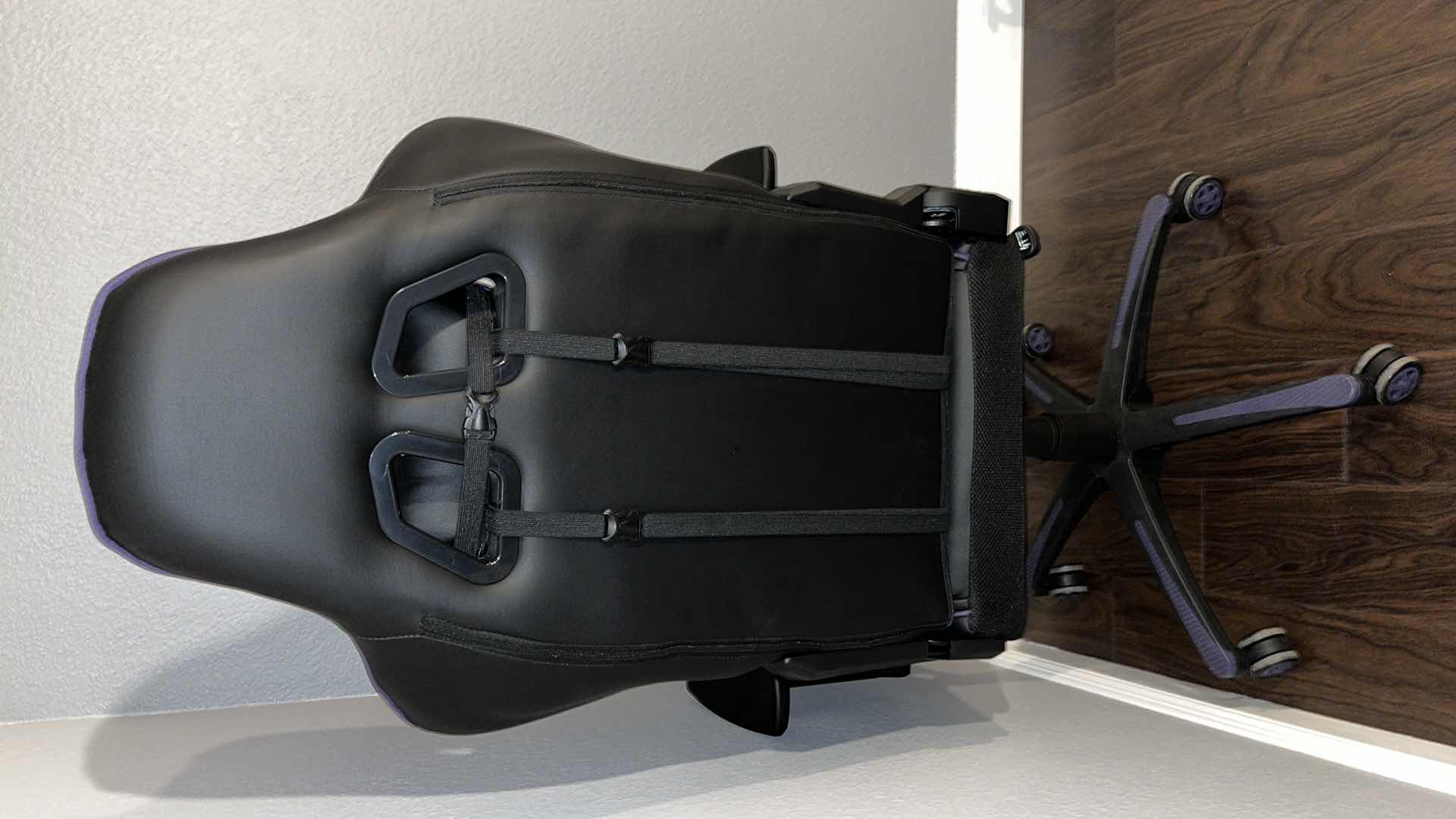 Photo 1 of STAPLES EMERGE VARTAN BONDED LEATHER GAMING CHAIR W ADJUSTABLE HEIGHT, ARMS, TILT TENSION & TILT LOCK, BLACK/GRAY/PURPLE 29" X 27" H50"