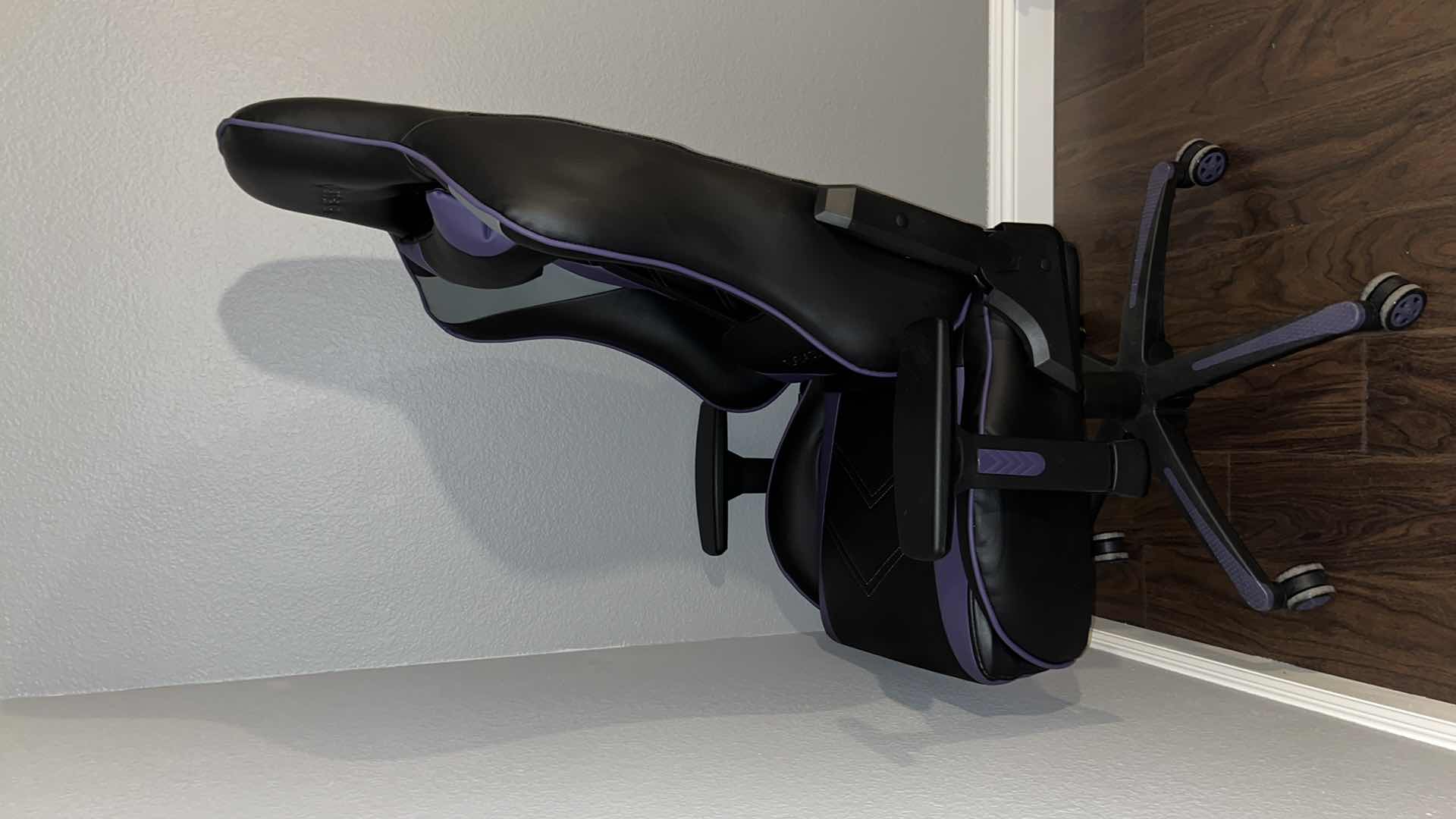 Photo 1 of STAPLES EMERGE VARTAN BONDED LEATHER GAMING CHAIR W ADJUSTABLE HEIGHT, ARMS, TILT TENSION & TILT LOCK, BLACK/GRAY/PURPLE 29" X 27" H50"