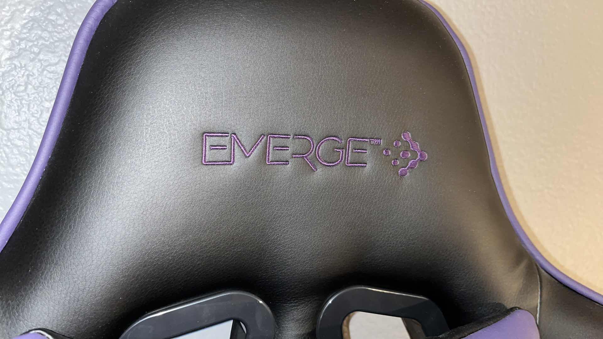 Photo 1 of STAPLES EMERGE VARTAN BONDED LEATHER GAMING CHAIR W ADJUSTABLE HEIGHT, ARMS, TILT TENSION & TILT LOCK, BLACK/GRAY/PURPLE 29" X 27" H50"