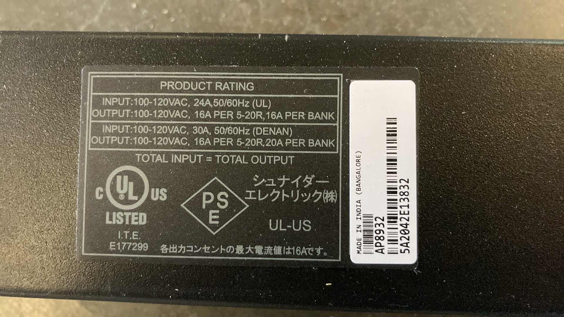 Photo 1 of SCHNEIDER ELECTRIC APC RACK POWER DISTRIBUTION UNIT MODEL AP8932 W 240 PLUG ADAPTER