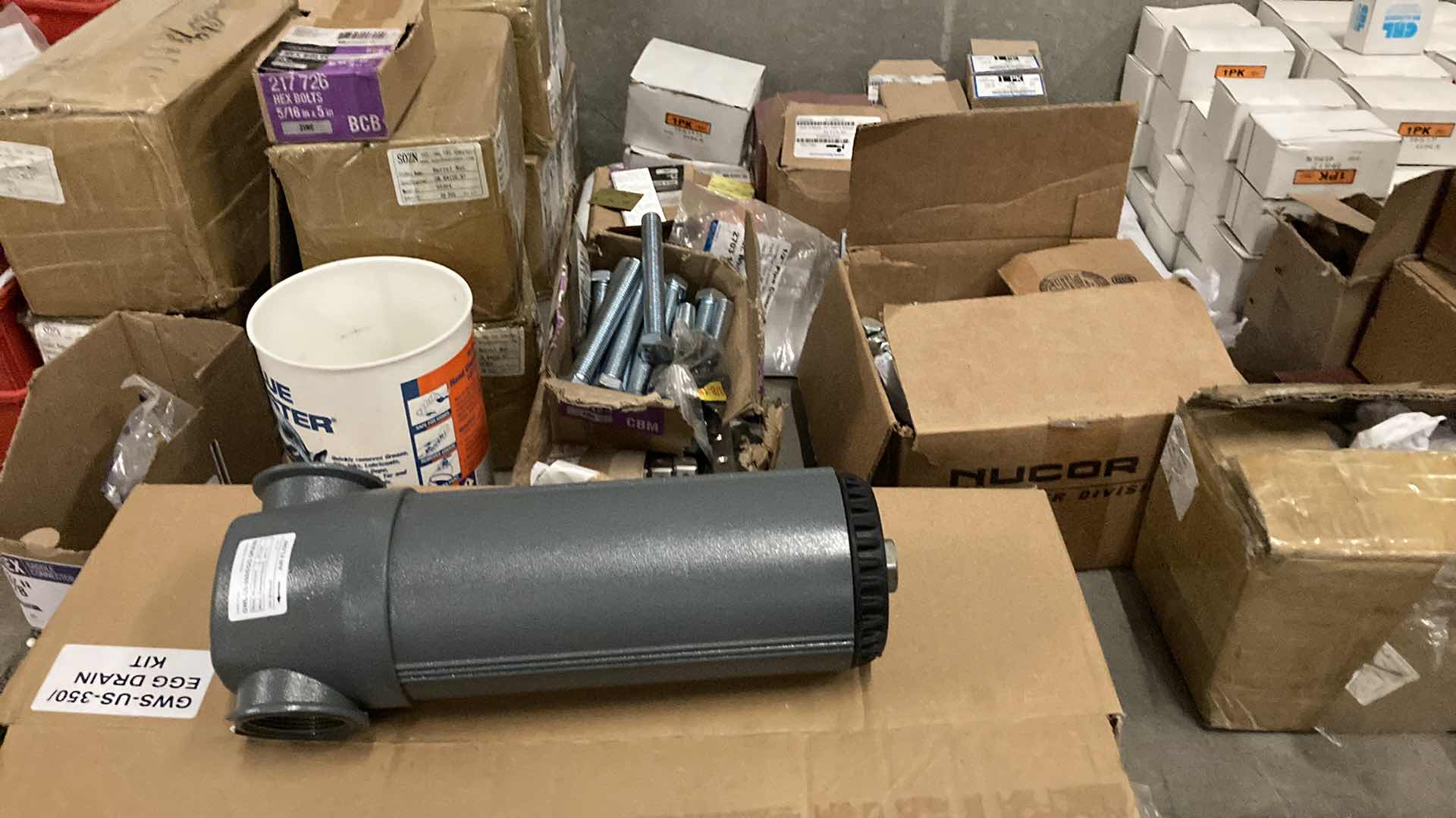 Photo 1 of HARDWARE, MACHINERY PARTS & EQUIPMENT- VARIOUS PURPOSES (APPROX 60 BOXES & CONTAINERS)