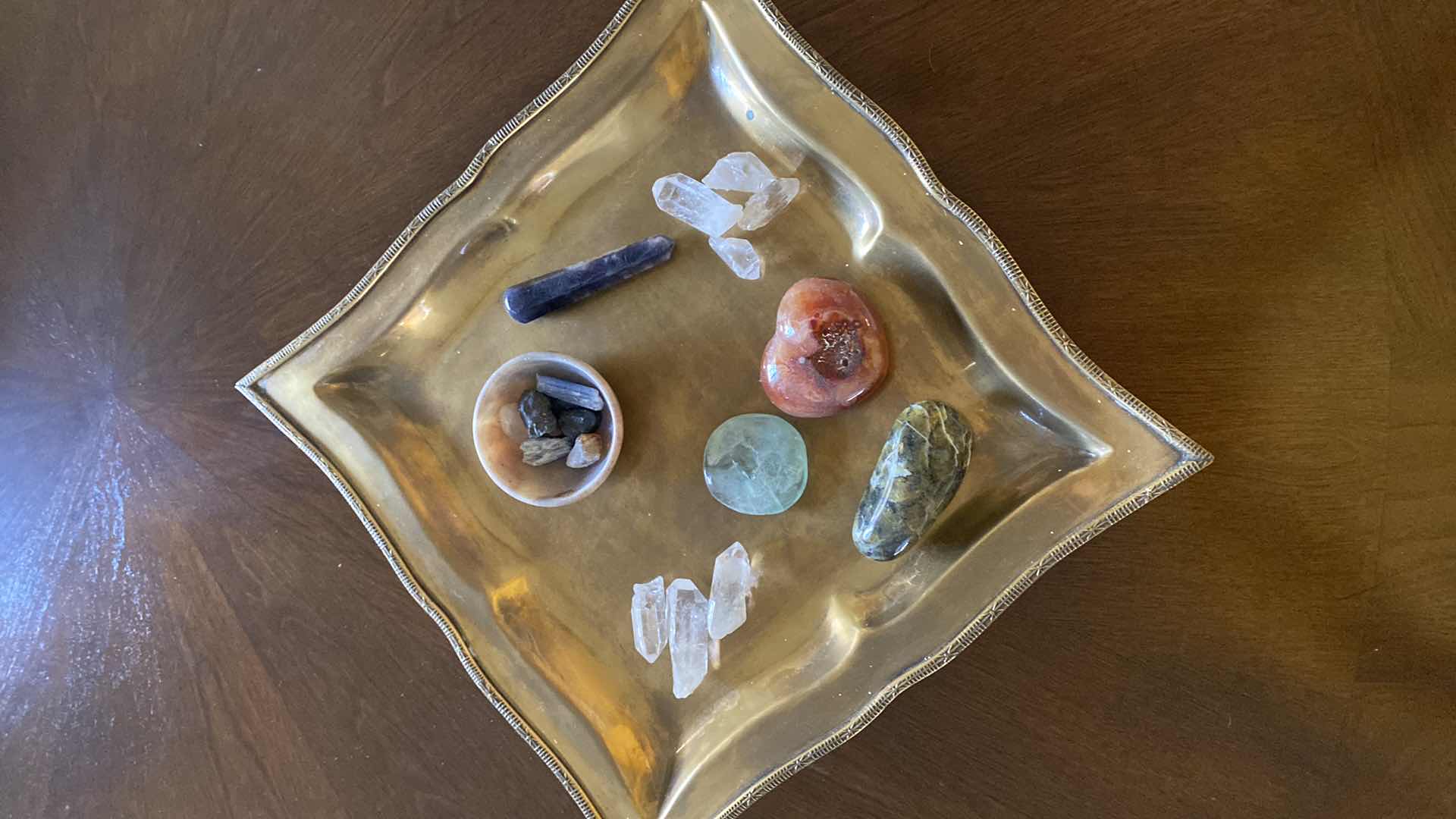 Photo 1 of VARIOUS GEMSTONES ON BRONZE TONE PLATTER