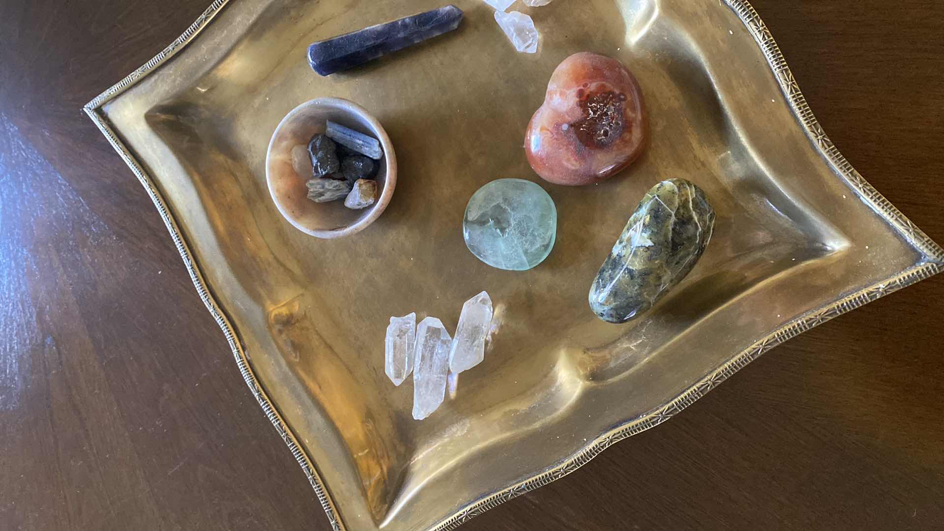 Photo 1 of VARIOUS GEMSTONES ON BRONZE TONE PLATTER