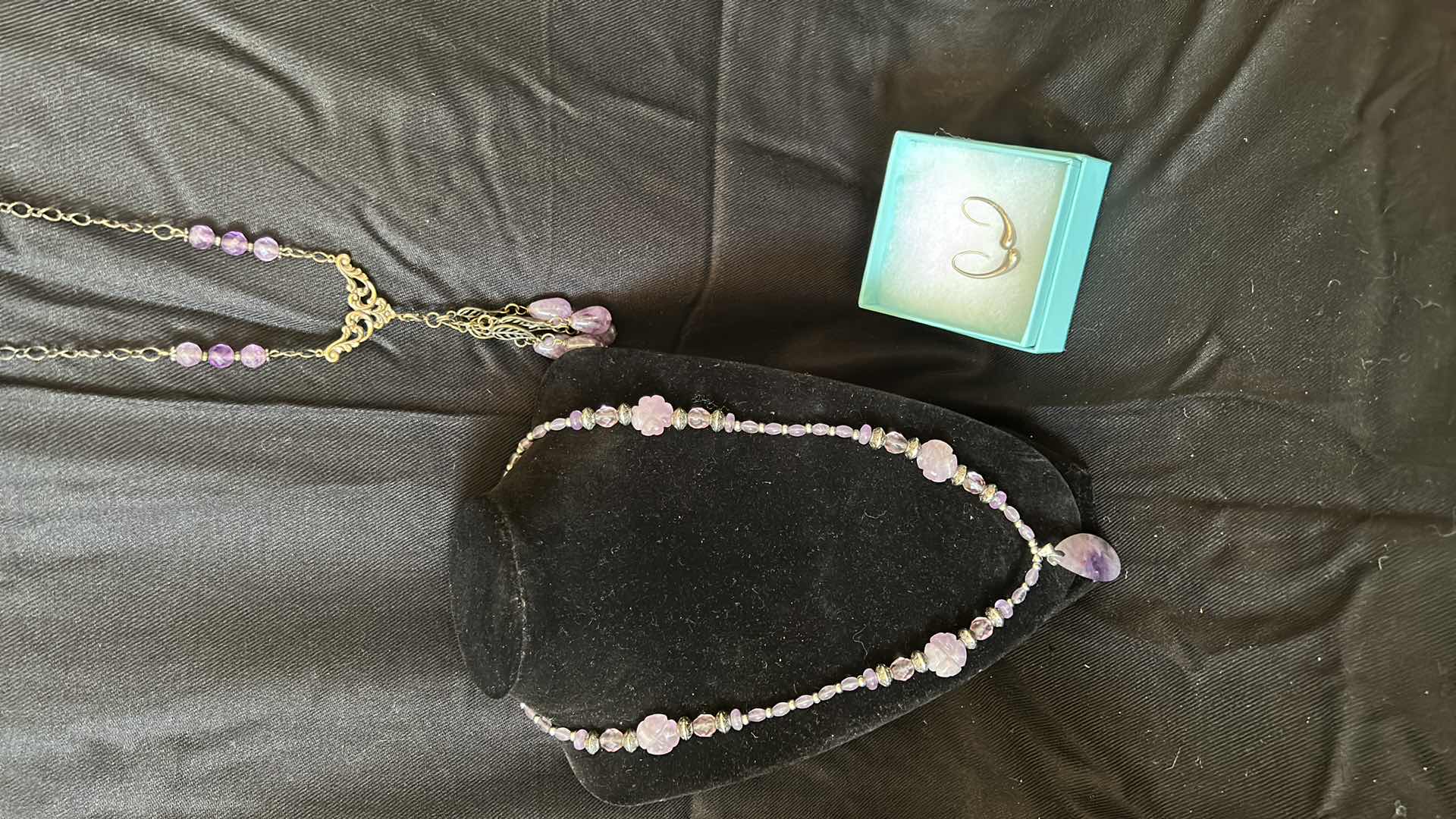 Photo 1 of TWO AMETHYST COLORED NECKLACES AND A PAIR OF TIFFANY & CO TEARDROP EARRINGS
