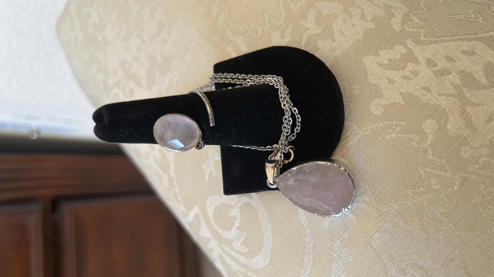 Photo 3 of ROSE QUART/STERLING SILVER NECKLACE AND RING - ADJUSTABLE SIZE 6/7