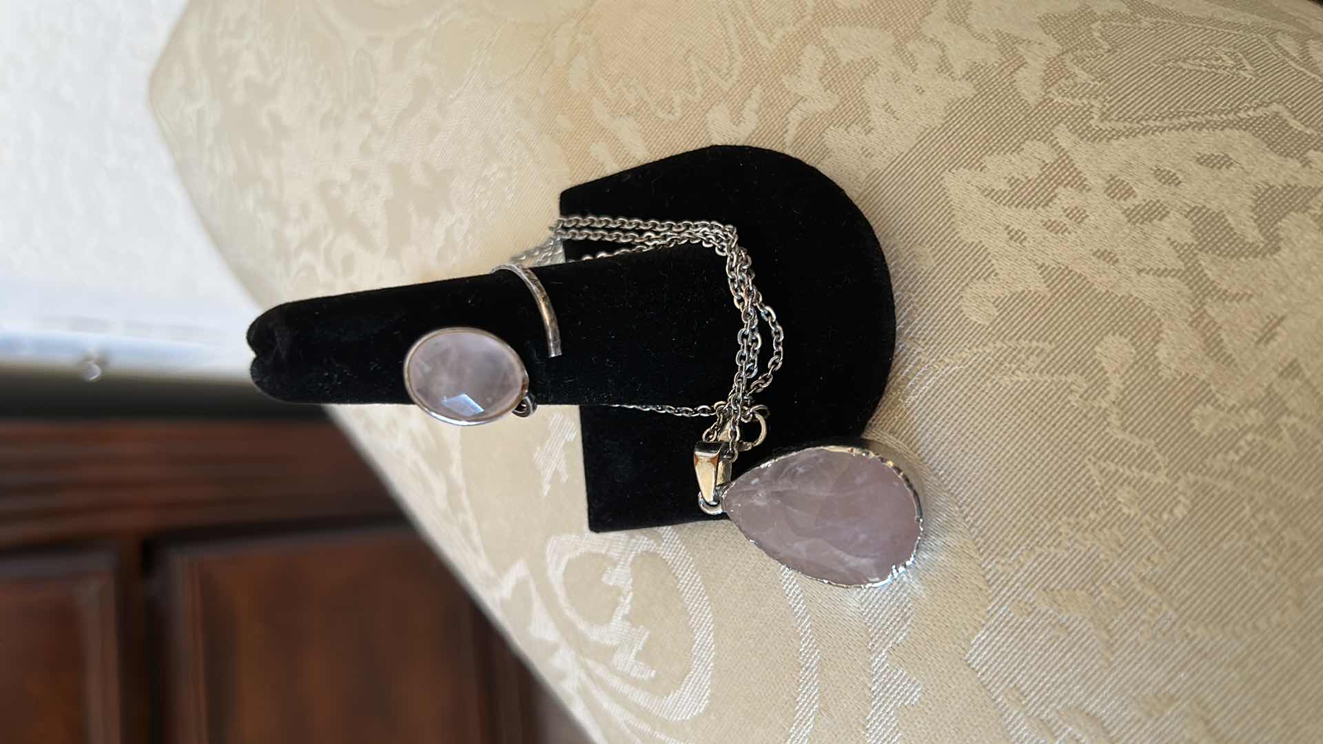 Photo 4 of ROSE QUART/STERLING SILVER NECKLACE AND RING - ADJUSTABLE SIZE 6/7
