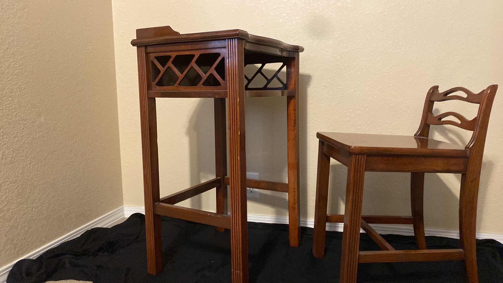 Photo 1 of ANTIQUE WOOD TELEPHONE TABLE W. CHAIR