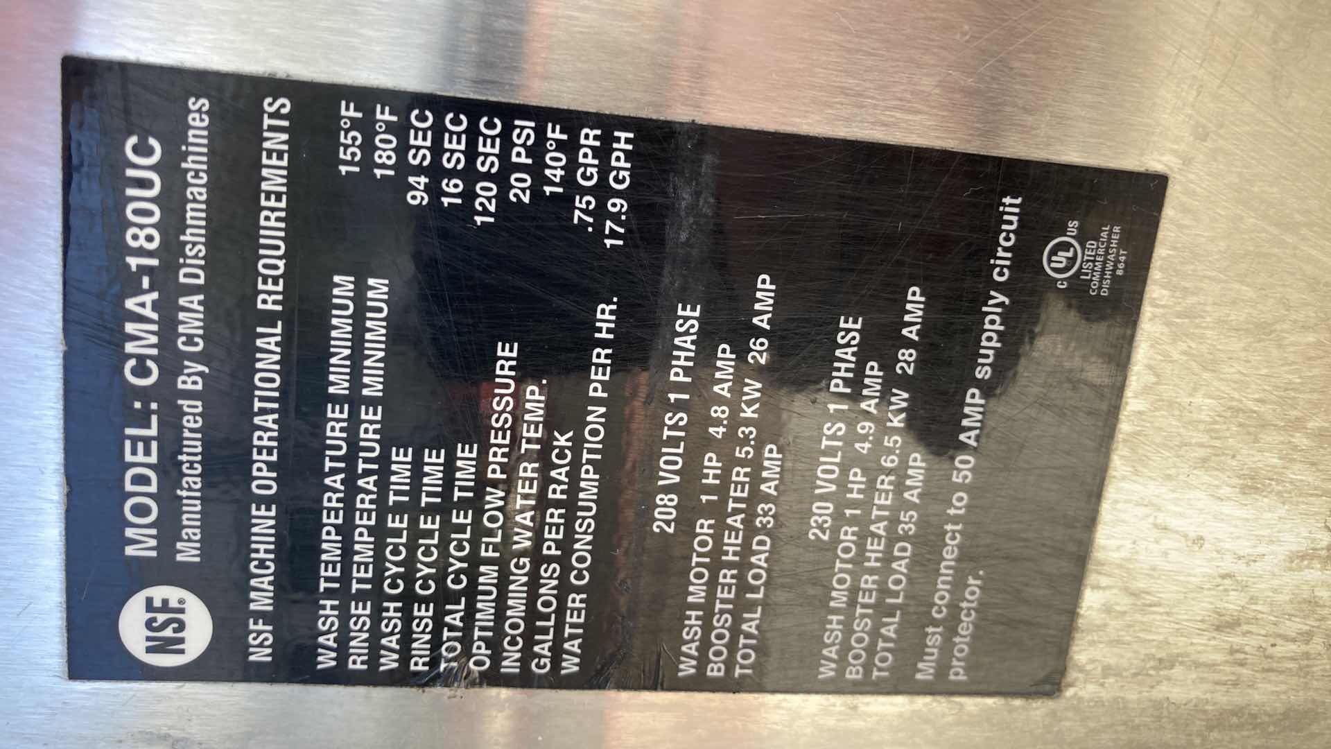 Photo 1 of CMA DISH MACHINES COMMERCIAL DISHWASHER MODEL 180UC ON CASTERS  (HARDWIRED)