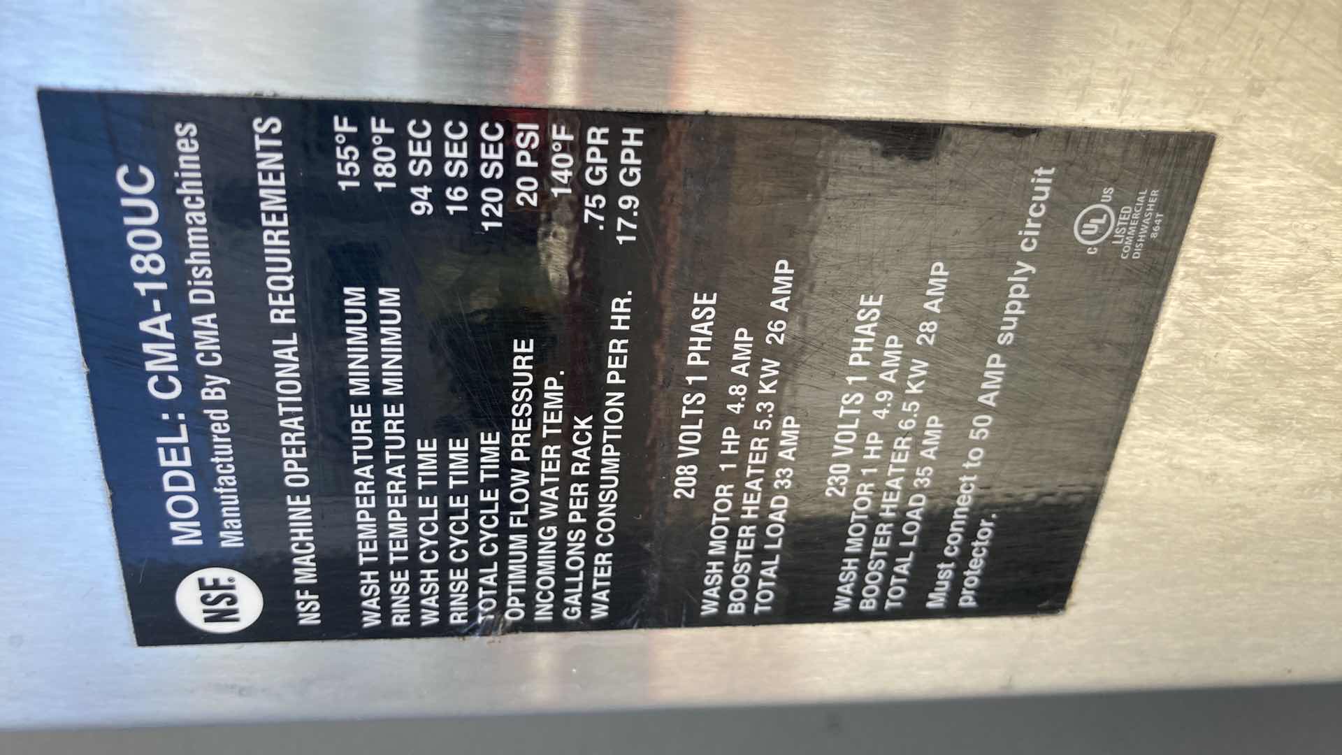 Photo 1 of CMA DISH MACHINES COMMERCIAL DISHWASHER MODEL 180UC (HARDWIRED)