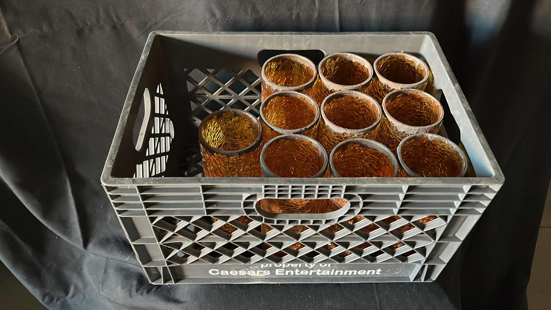 Photo 1 of CRACKLED AMBER GLASS CANDLE HOLDERS 9” W CRATE (10)