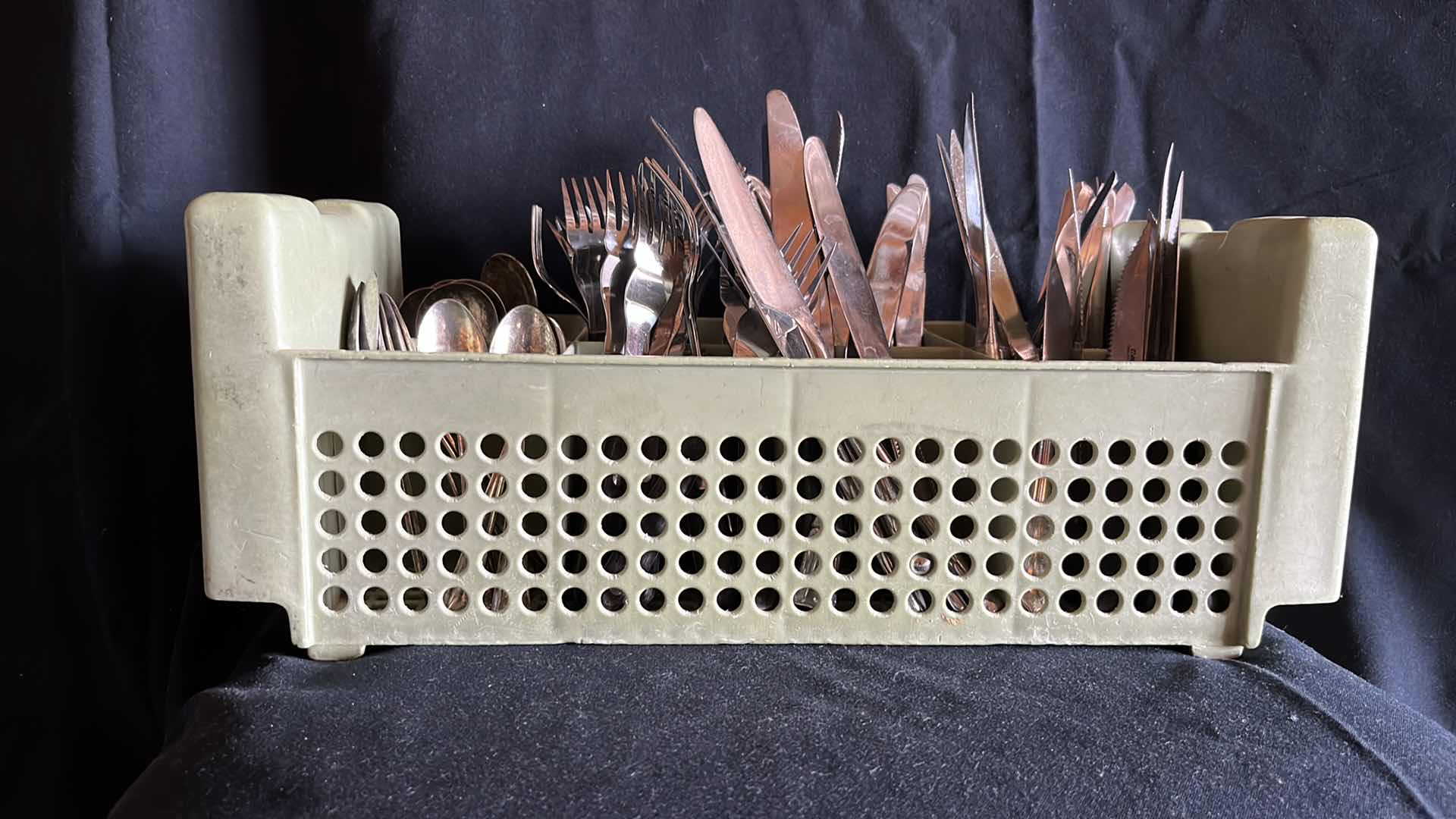 Photo 1 of FLATWARE VARIOUS STYLES SPOONS, FORKS, BUTTER KNIVES, STEAK KNIVES SETS OF 20 EACH W COMMERCIAL HALF SIZE FLATWARE RACK