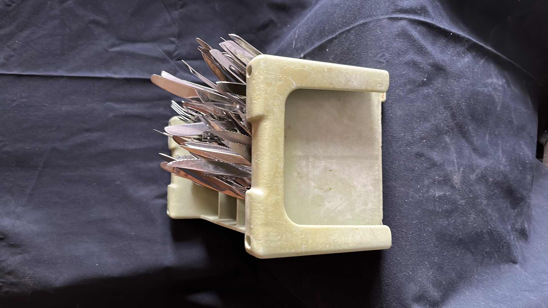 Photo 1 of FLATWARE VARIOUS STYLES SPOONS, FORKS, BUTTER KNIVES, STEAK KNIVES SETS OF 20 EACH W COMMERCIAL HALF SIZE FLATWARE RACK