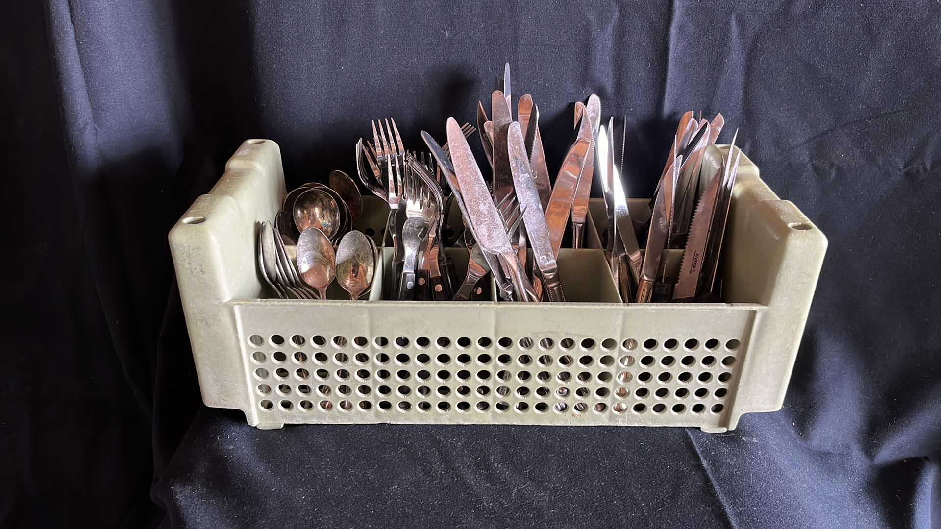 Photo 1 of FLATWARE VARIOUS STYLES SPOONS, FORKS, BUTTER KNIVES, STEAK KNIVES SETS OF 20 EACH W COMMERCIAL HALF SIZE FLATWARE RACK