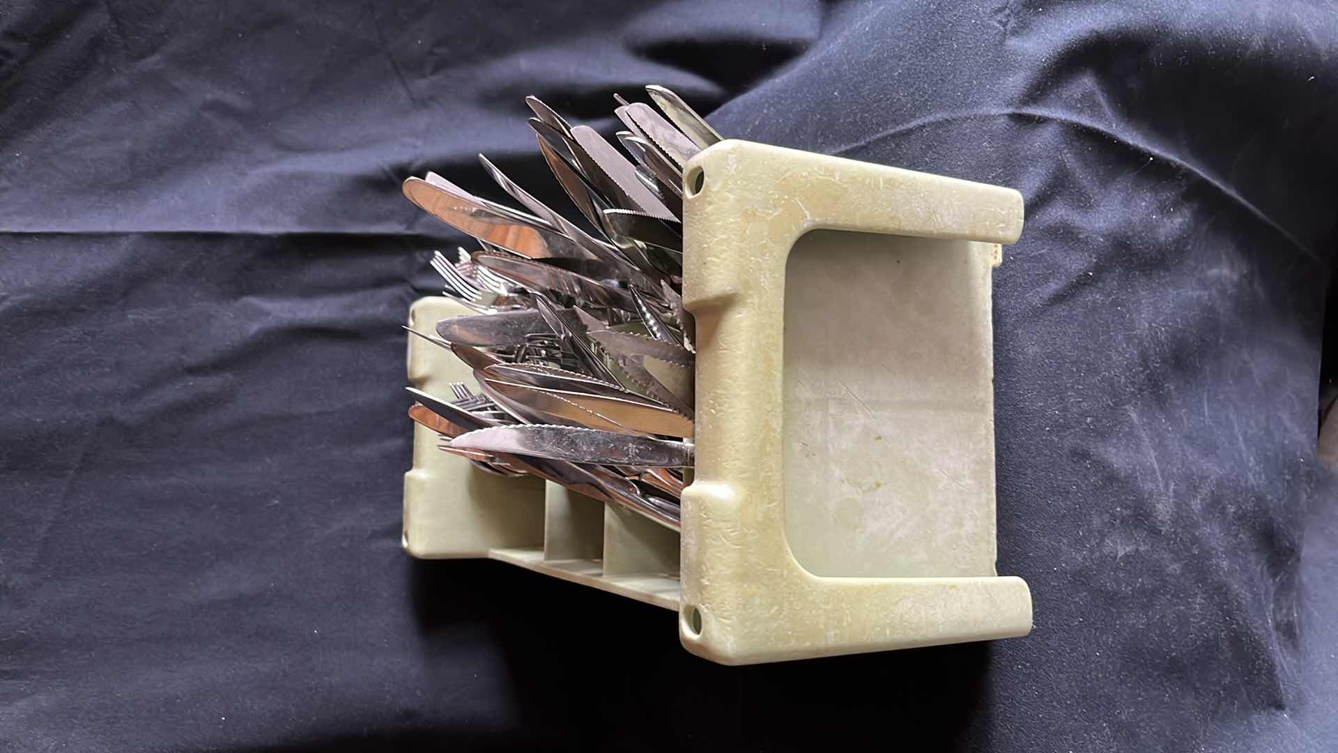 Photo 1 of FLATWARE VARIOUS STYLES SPOONS, FORKS, BUTTER KNIVES, STEAK KNIVES SETS OF 20 EACH W COMMERCIAL HALF SIZE FLATWARE RACK