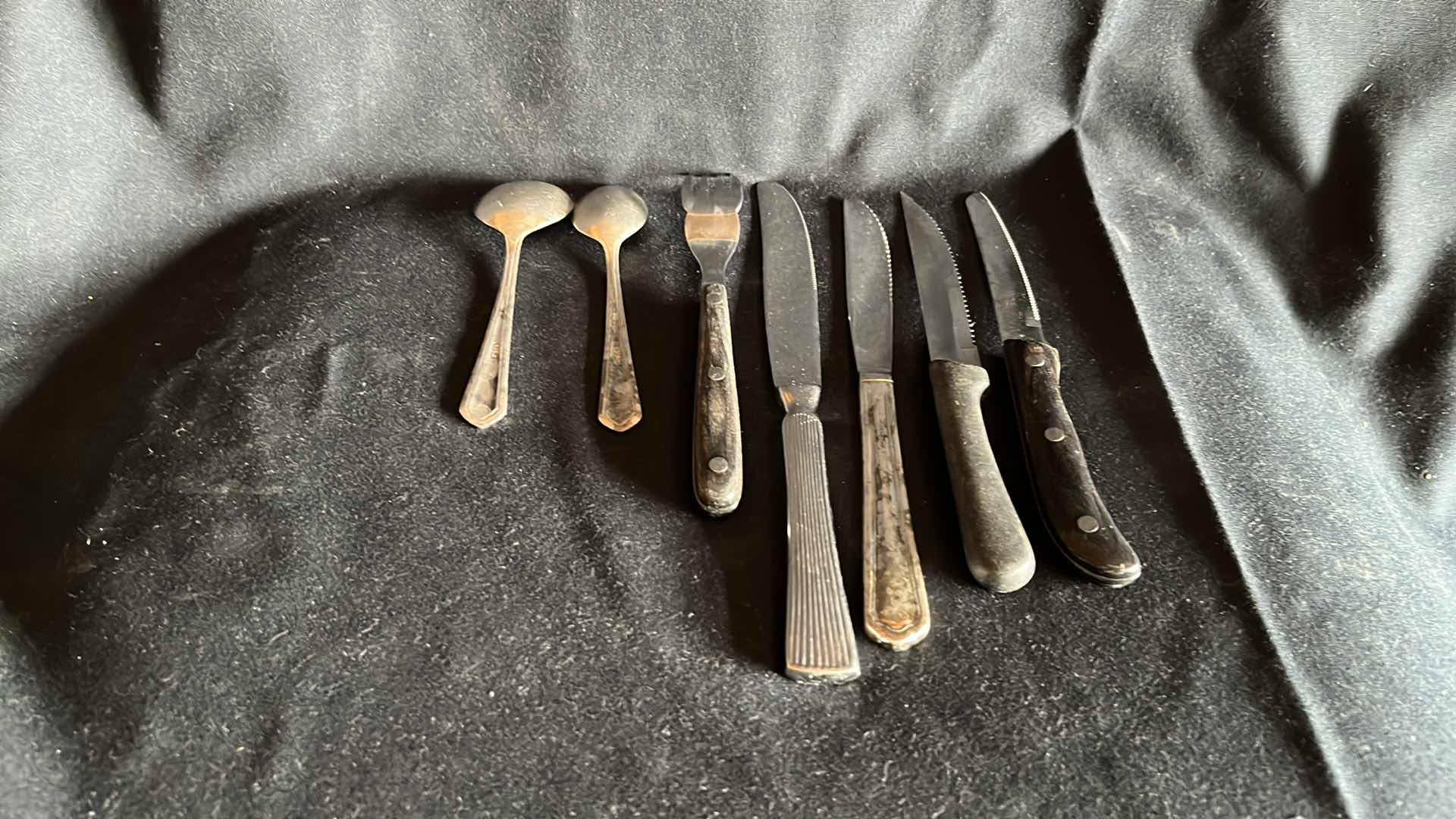 Photo 1 of FLATWARE VARIOUS STYLES SPOONS, FORKS, BUTTER KNIVES, STEAK KNIVES SETS OF 20 EACH W COMMERCIAL HALF SIZE FLATWARE RACK