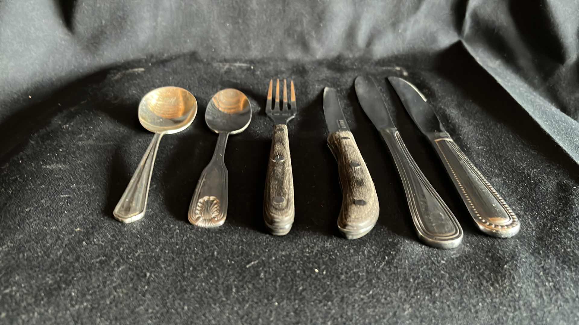 Photo 1 of FLATWARE VARIOUS STYLES SPOONS, FORKS, BUTTER KNIVES, STEAK KNIVES SETS OF 16 EACH W COMMERCIAL HALF SIZE FLATWARE RACK