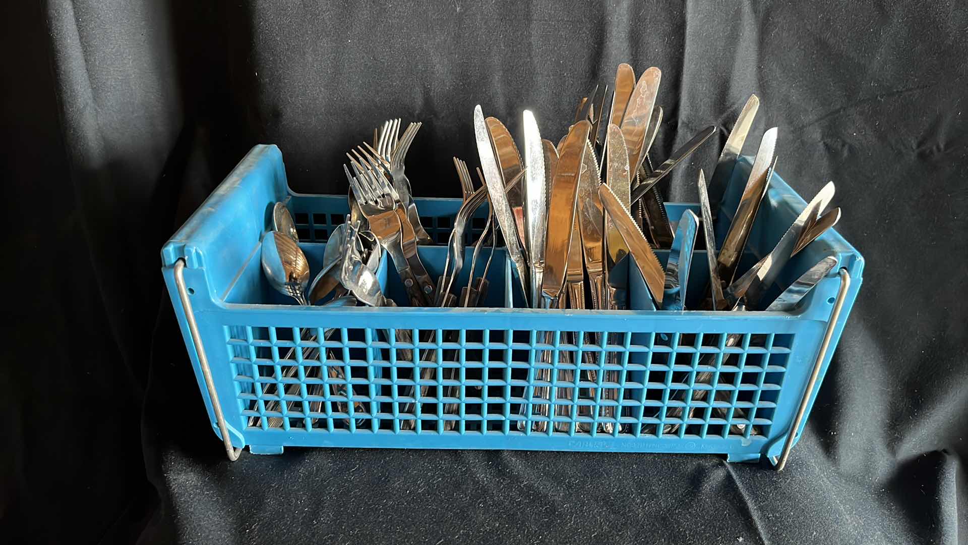 Photo 1 of FLATWARE VARIOUS STYLES SPOONS, FORKS, BUTTER KNIVES, STEAK KNIVES SETS OF 16 EACH W COMMERCIAL HALF SIZE FLATWARE RACK