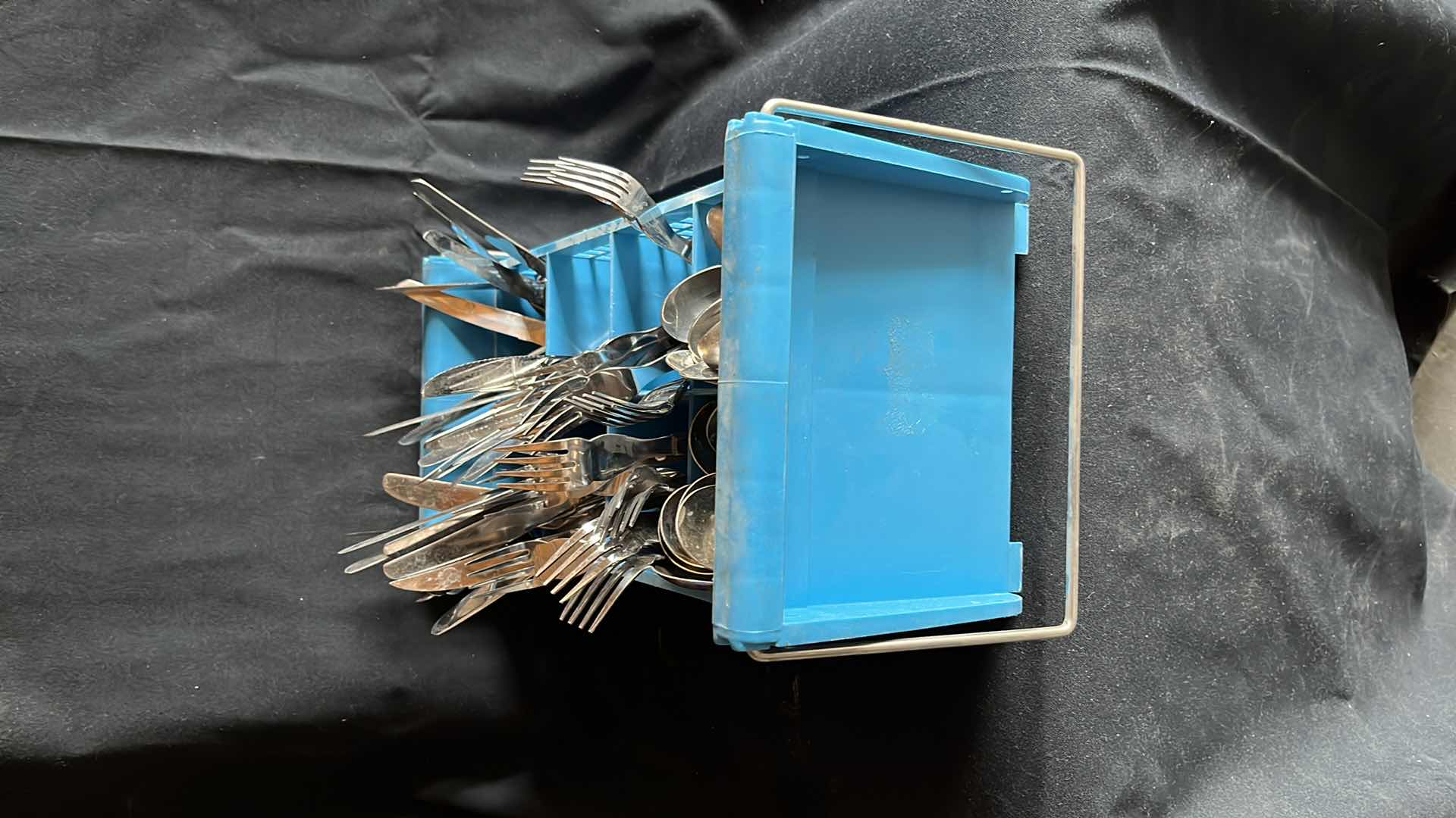 Photo 1 of FLATWARE VARIOUS STYLES SPOONS, FORKS, BUTTER KNIVES, STEAK KNIVES SETS OF 16 EACH W COMMERCIAL HALF SIZE FLATWARE RACK