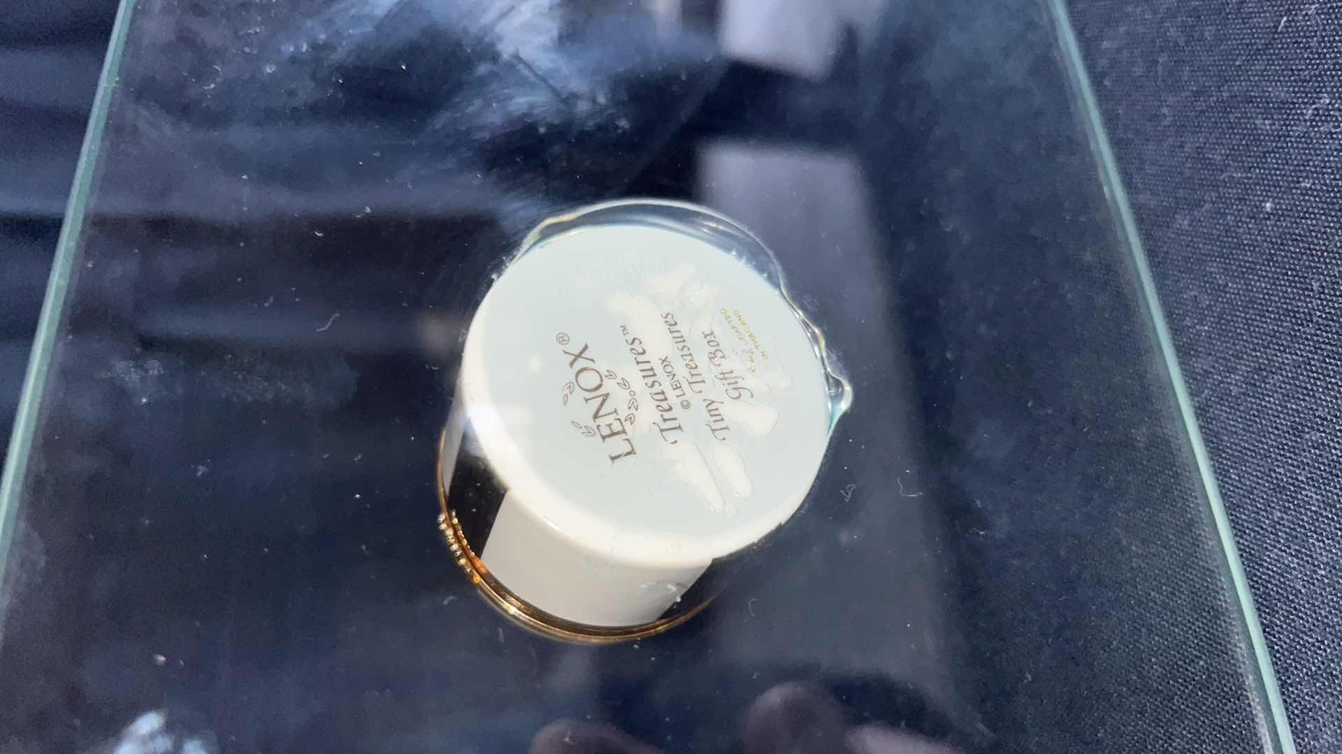 Photo 1 of LENOX TINY TREASURES GIFT BOX, ETCHED GLASS VASE W ATTACHED GLASS AND METAL PICTURE EASEL AND WHITE CRACKLED GLASS VASE 12” X 5.25”