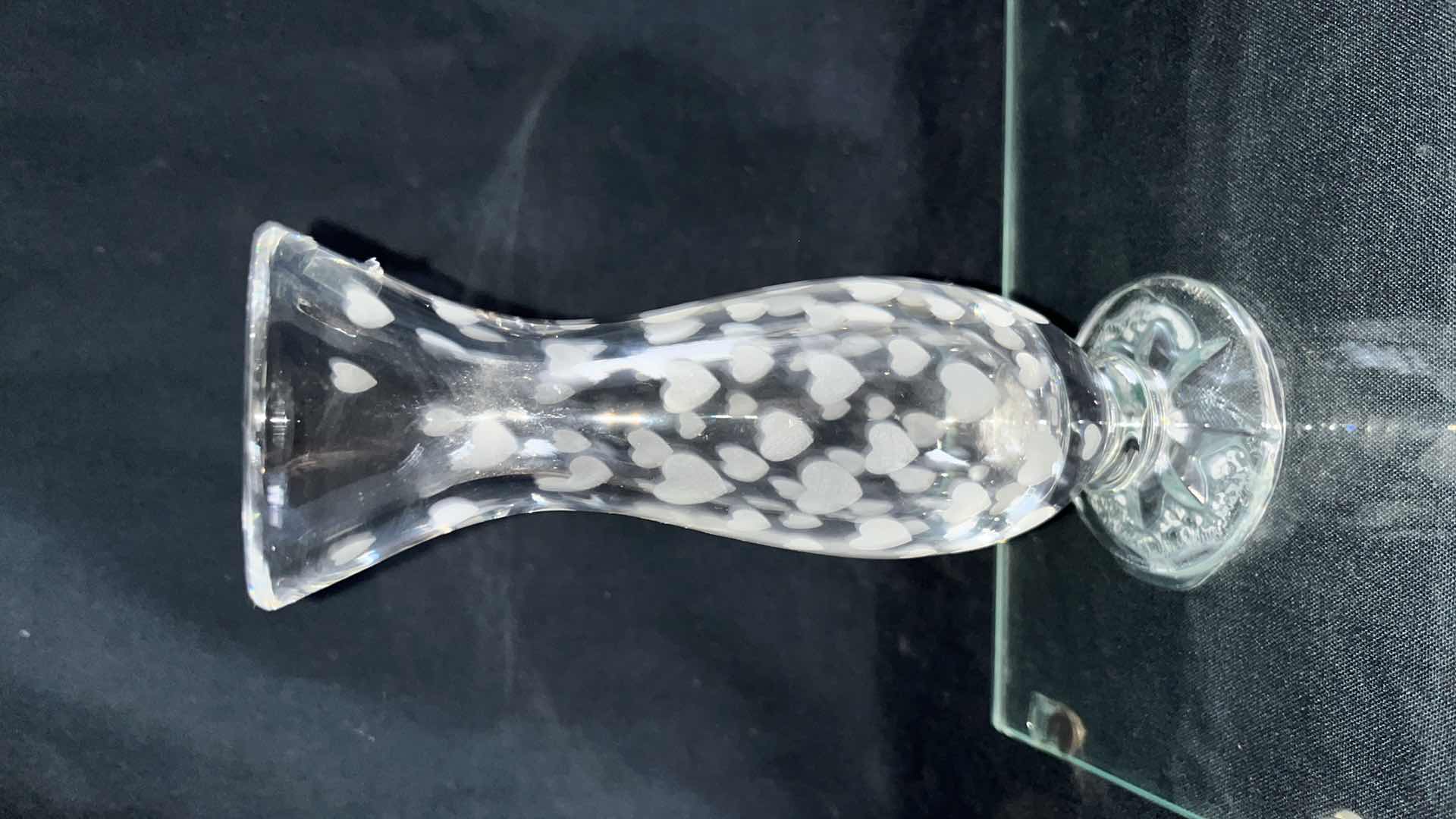 Photo 1 of LENOX TINY TREASURES GIFT BOX, ETCHED GLASS VASE W ATTACHED GLASS AND METAL PICTURE EASEL AND WHITE CRACKLED GLASS VASE 12” X 5.25”