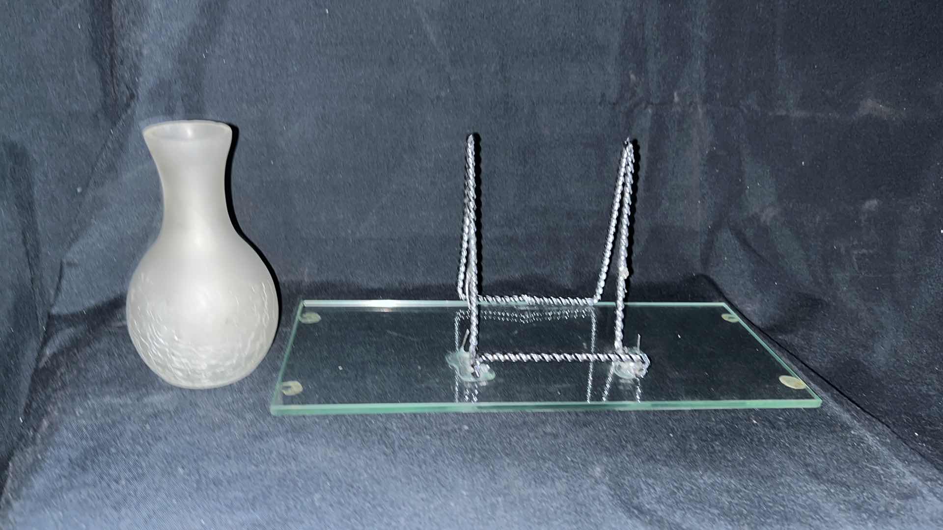 Photo 1 of LENOX TINY TREASURES GIFT BOX, ETCHED GLASS VASE W ATTACHED GLASS AND METAL PICTURE EASEL AND WHITE CRACKLED GLASS VASE 12” X 5.25”