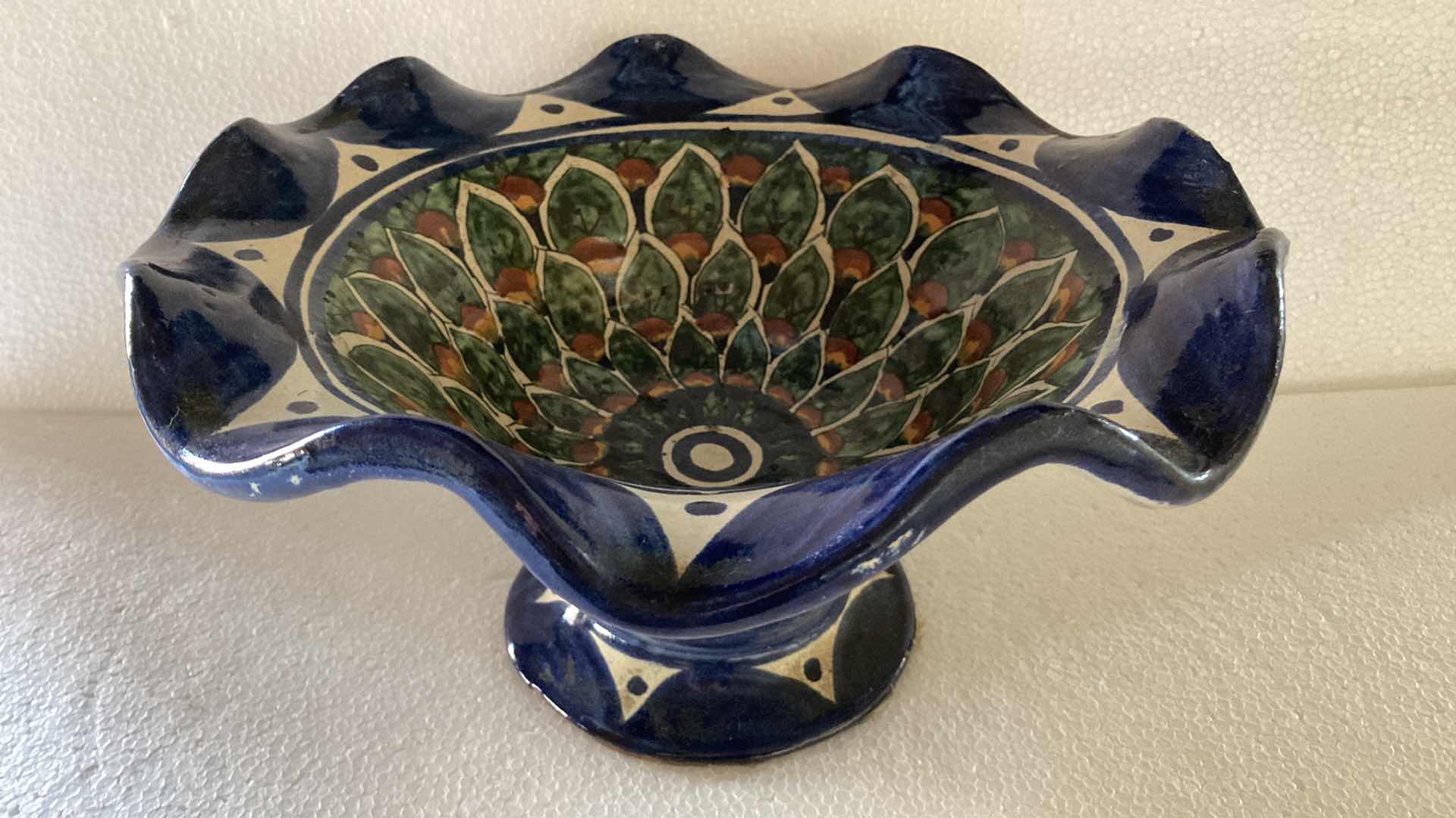 Photo 1 of MEXICAN RUFFLED PEDESTAL CERAMIC BOWL 13” X 7”