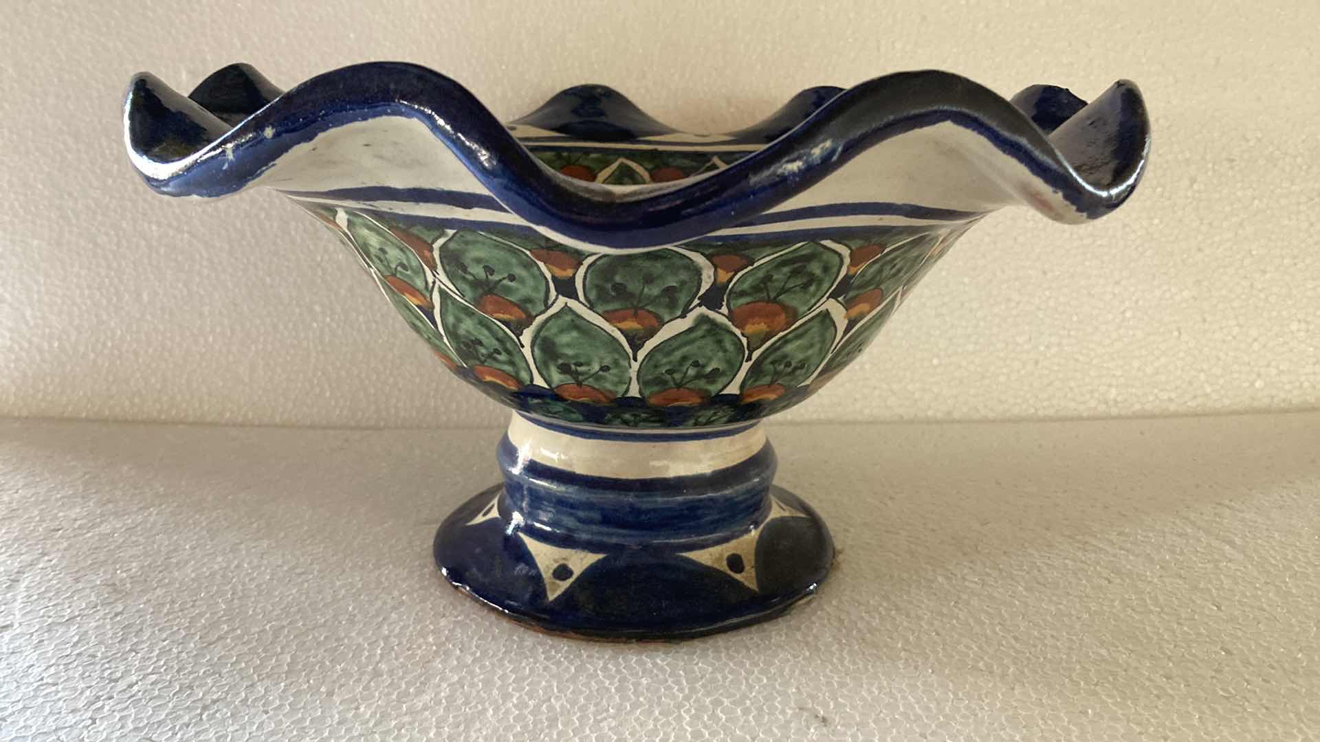 Photo 1 of MEXICAN RUFFLED PEDESTAL CERAMIC BOWL 13” X 7”