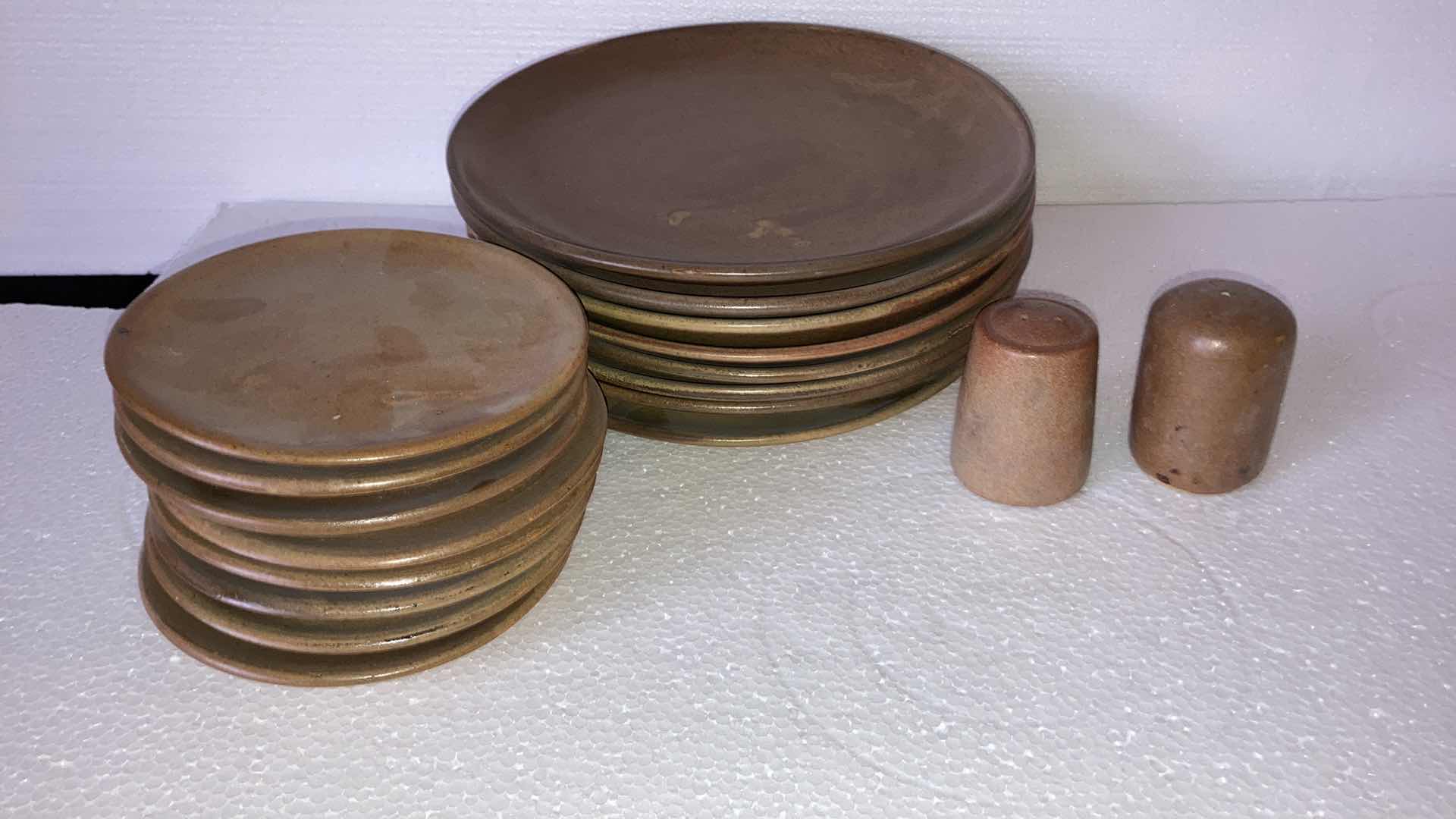 Photo 1 of MEXICAN CLAY PLATE SET AND SALT & PEPPER SHAKERS (18)