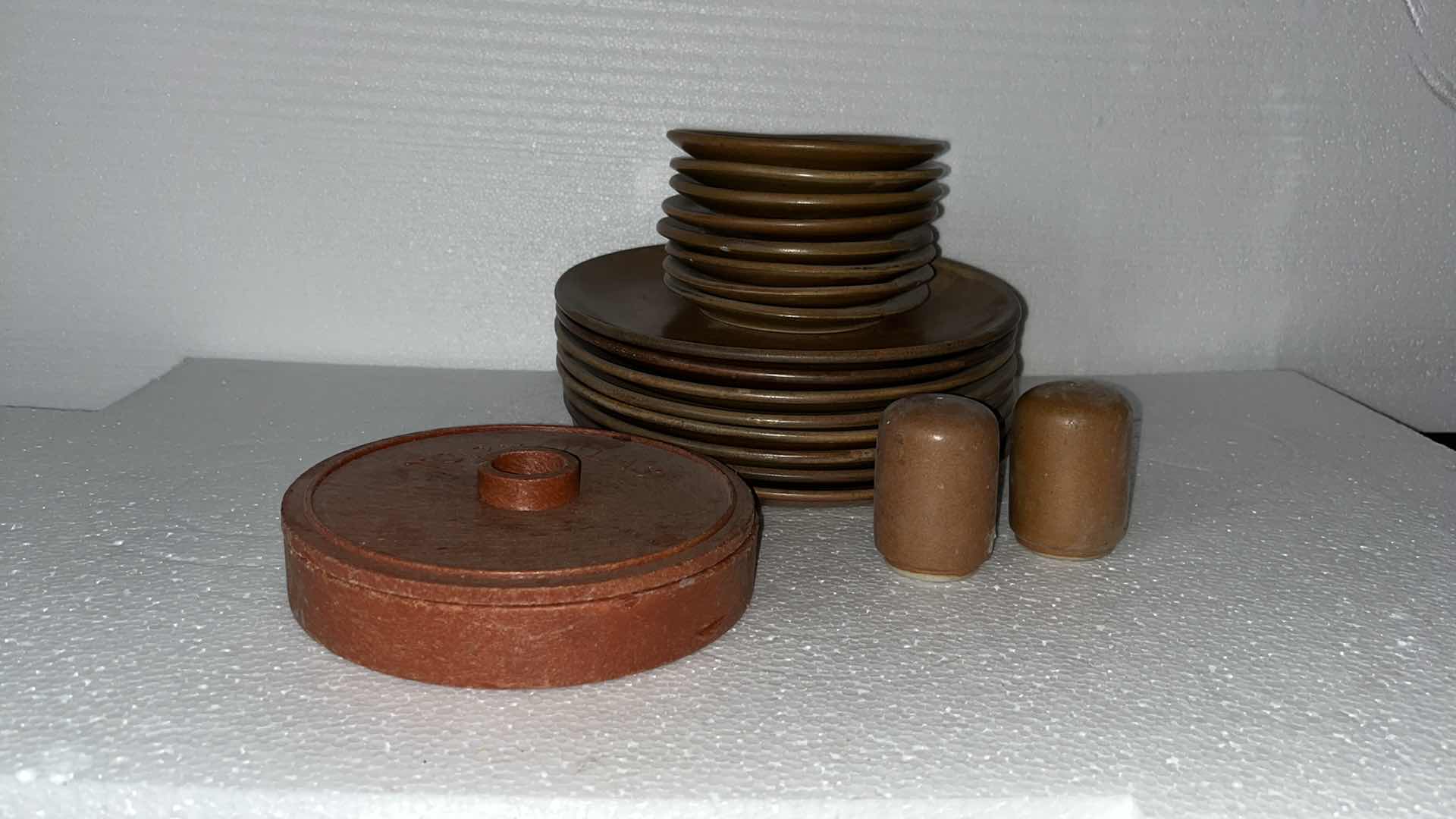 Photo 1 of MEXICAN CLAY PLATE SET W SALT & PEPPER SHAKES AND TORTILLA WARMER (19)