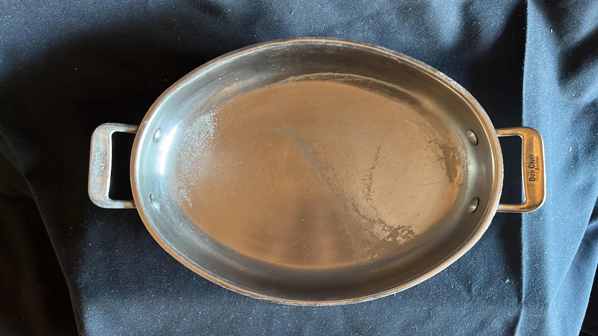 Photo 1 of BON CHEF CUCINA STAINLESS STEEL OVAL OVEN BAKING DISH WITH HANDLES 12” X 9” (2)