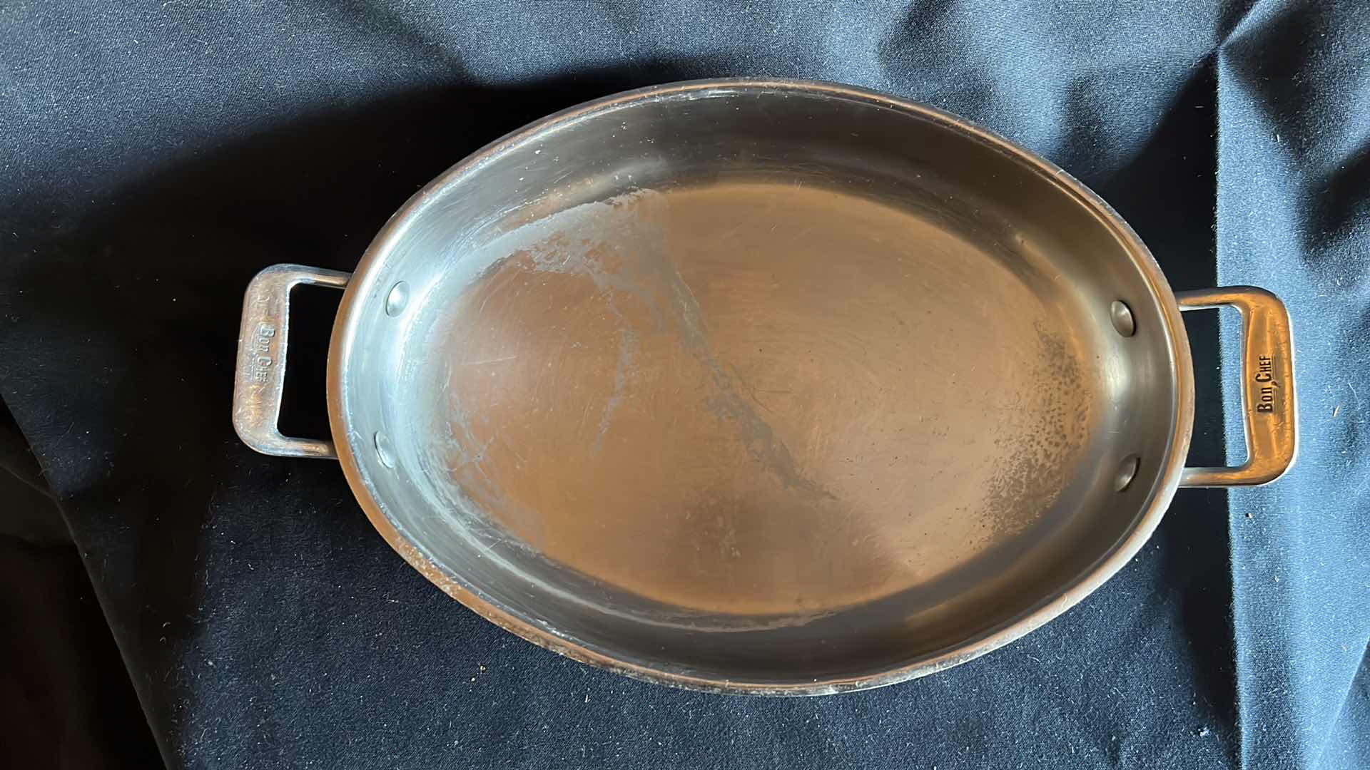 Photo 1 of BON CHEF CUCINA STAINLESS STEEL OVAL OVEN BAKING DISH WITH HANDLES 12” X 9” (2)