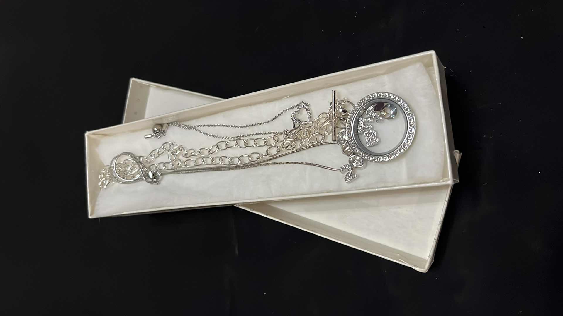 Photo 1 of ORIGAMI OWL NECKLACE W 5 CHARMS, YEAR 2000 RHINESTONE NECKLACE & RHINESTONE HEART BRACELET