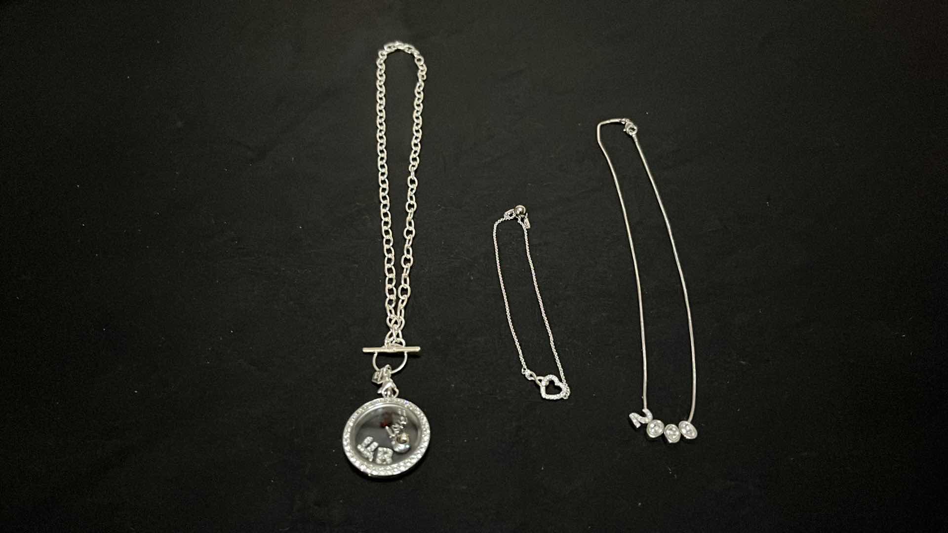 Photo 1 of ORIGAMI OWL NECKLACE W 5 CHARMS, YEAR 2000 RHINESTONE NECKLACE & RHINESTONE HEART BRACELET