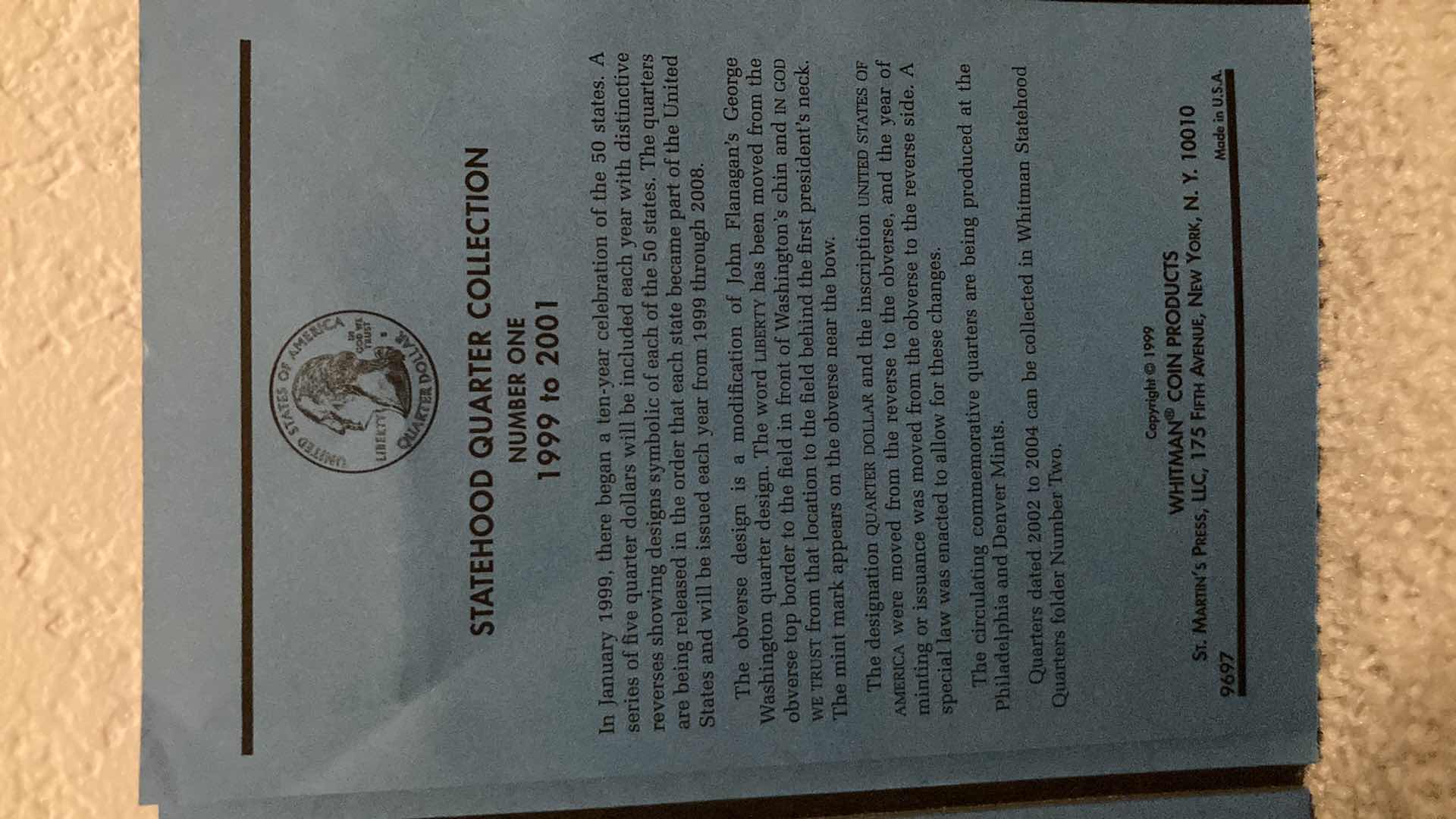 Photo 6 of OFFICIAL WHITMAN COIN FOLDER STATEHOOD QUARTERS COLLECTION 1999-2001 NO. 1 W COMPLETE COLLECTION OF QUARTERS