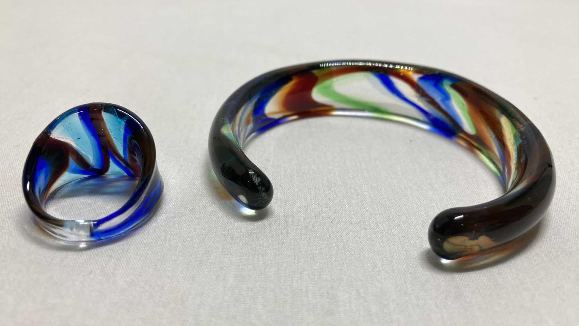 Photo 1 of BLOWN MULTI COLOR GLASS RING SIZE 5/5.5& BRACELET 2.25”