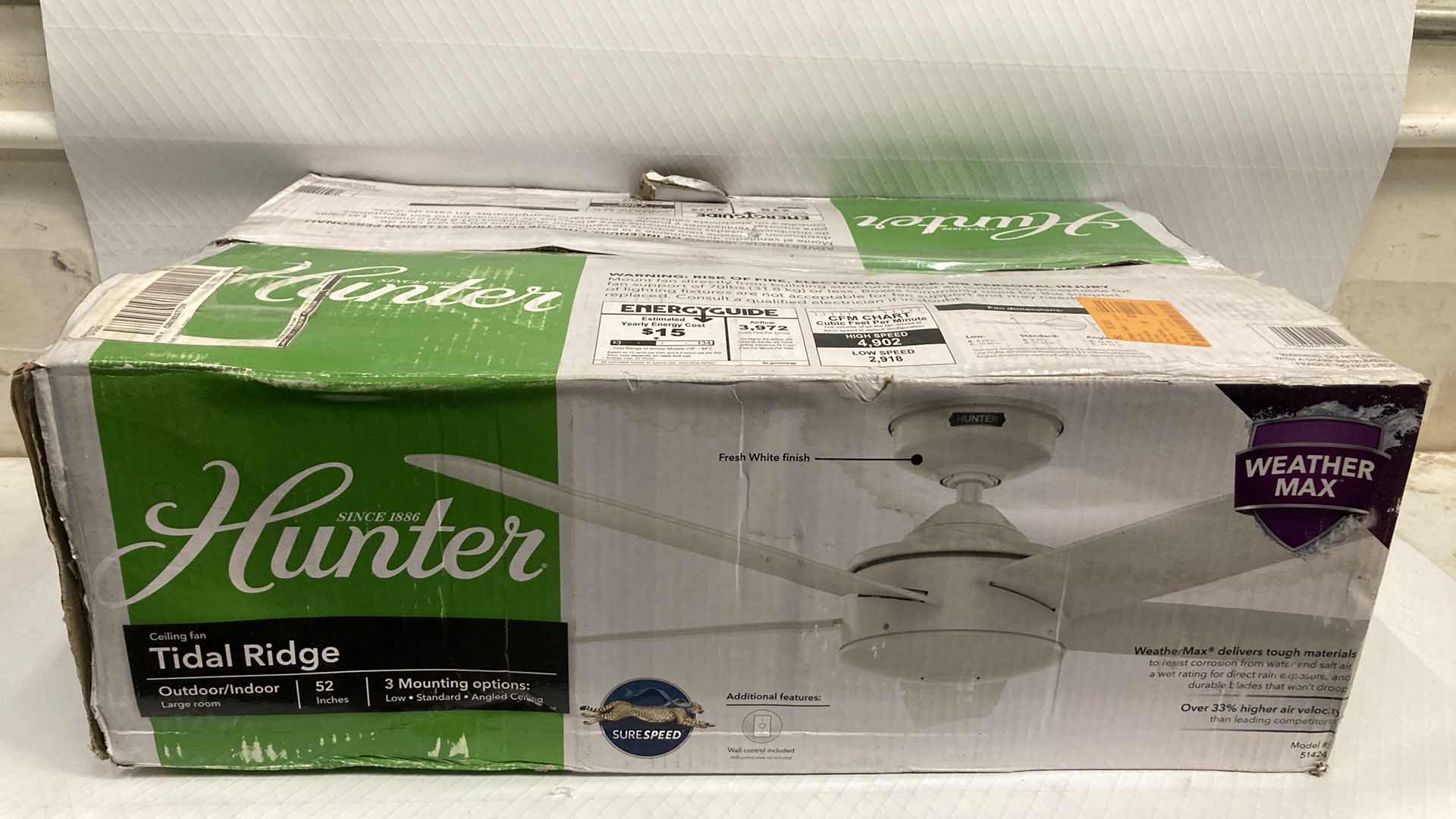 Photo 1 of NEW HUNTER TIDAL RIDGE FRESH WHITE FINISH 52” CEILING FAN MODEL 51424